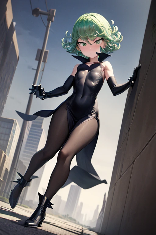 Masterpiece, best quality, ultra detailed, illustration, lighting epic, cinematic composition, 1 girl, Tatsumaki, short hair, green hair, very small breasts, green eyes, bright eyes, pouting, blushing, closed mouth, piercing gaze, full body, Slim body, Metal spikes, Grey wristbands, Long black gloves with spikes, Grey Gothic lolita dress, Grey dress with metal spikes, Metal emblem, Somewhat tight, Black belt, Metal legs, Black pantyhose, Black boots, Walking through the city, Metal coming out of the road, City background, Anime