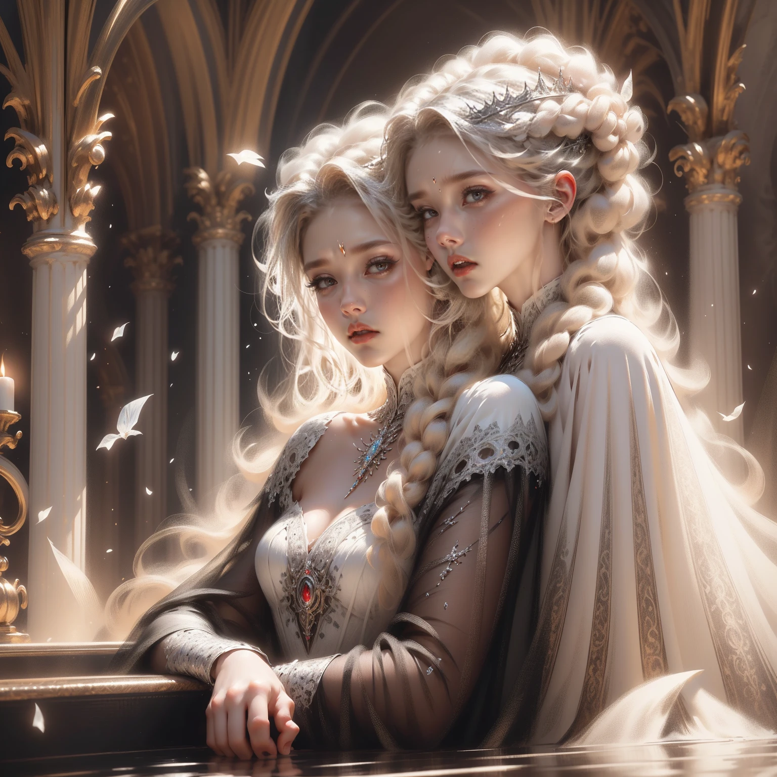 ((2 women)) Cuddling, Freya and Ravenna, from the movie Snow White and the Huntsman 2, Medieval dresses, artsy complex hairstyles, royal outfits, longue blonde hair, palace, pompous atmosphere