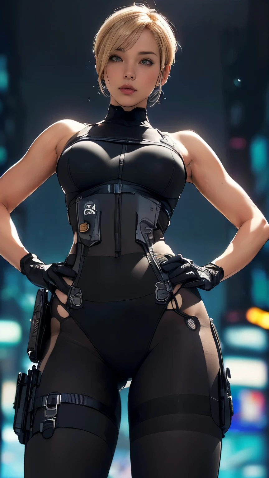 (A woman),(((Future female police officer standing))),((Black Tactical Tights:1.5)),((Camel toe:1.5)),((earphone:1.5)),((Tactical Holster:1.5)),(Gloves:1.5),(((Hands on hips:1.5))),(front:1.5),(From below:1.2),(Super short hair:1.5),(Blonde:1.5),(beautiful eyes:1.3),(Very detailedな顔:1.5),((Very detailedな女性の手の描画:1.5)),((muscular:1.5)),(Sexy look:1.5),((Thick thighs:1.5)),(Beautiful Body:1.5),((Very sensual:1.5)),(The backdrop is a futuristic city:1.5),(Cyberpunk atmosphere:1.5),(((Blurred background:1.5))),(Written border depth:1.5),rest(((masterpiece:1.5),(best quality:1.5),(Very detailed:1.5),(high resolution:1.5),(Practical:1.5),(Practical:1.5),(Delicate depiction),(carefully drawn))),8K,wallpaper