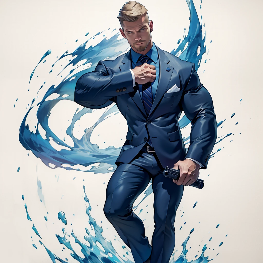 1 man, male focus solo, middle aged man,Stephen AMELL as private investigator,  lean muscle,very  light blue shirt, marine blue businessman suit ,( red tie) ,( big bulge), full body shot, dark blond short hair, well groomed facial hair, holding a gun with one hand, , ultra high quality, masterpiece, (clear intense splashed blue and white paint in the blackground)