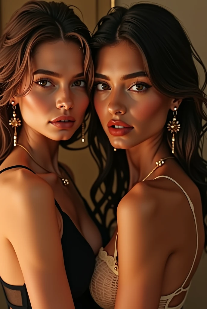 (2 girls, beautiful detailed eyes, beautiful detailed lips, extremely detailed eyes and face, long eyelashes, highly detailed face, elegant, graceful, sensual, alluring, seductive, provocative, intriguing, mysterious, dynamic, cinematic lighting, volumetric lighting, dramatic lighting, chiaroscuro, high contrast, vivid colors, vibrant colors, rich colors, saturated colors, warm tones, glowing skin, flawless skin, perfect skin, porcelain skin, youthful, radiant, glowing, luminous, lustrous, glossy, shiny, shimmering, sparkling, glistening, captivating, mesmerizing, awe-inspiring, breathtaking, stunning, magnificent, exquisite, masterpiece, photorealistic, hyperrealistic, 8k, high resolution, ultra-detailed, intricate details, sharp focus, professional photography, studio lighting, cinematic composition, symmetry, elegant posing, graceful movement, tantalizing, alluring, tempting, provocative, sensual, erotic, intimate, suggestive, teasing, flirtatious, coy, mysterious, intriguing, captivating, mesmerizing, awe-inspiring, breathtaking, stunning, magnificent, exquisite)