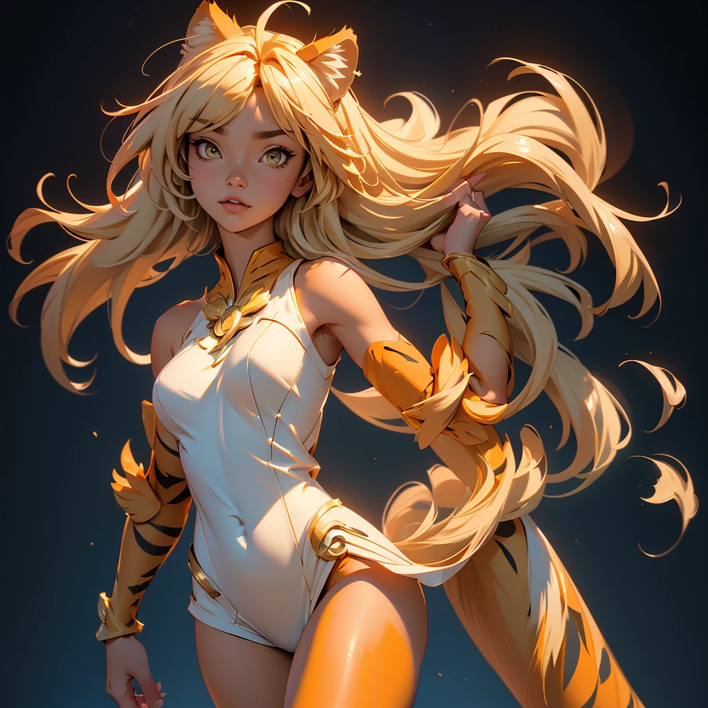 envision a 8k, highres, cinematic, beautiful full body Pinup of a cute furry female anthro, with a slender muscular body, short sleek blonde hair, long bangs, yellow eyes, Orange and White Fur, Tiger Stripes, ((((1 Girl)))), ((Flora Twokinds)), in dark lighting, against a dark gray background