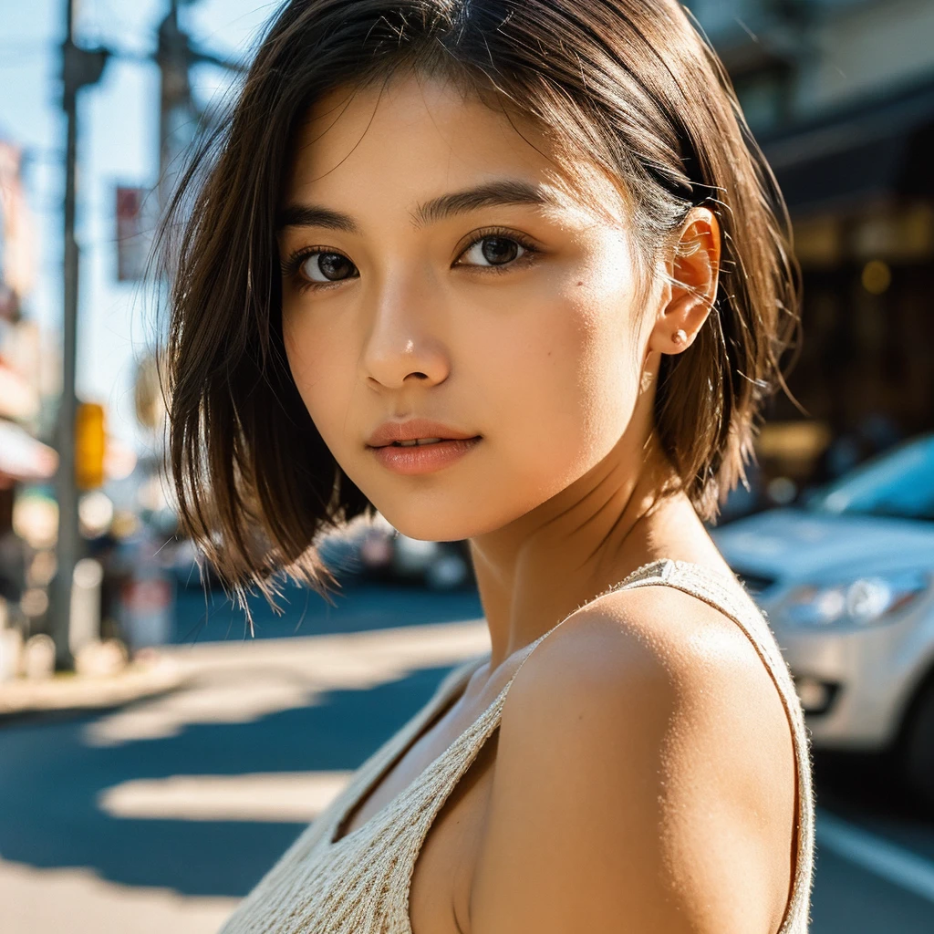 A hyper-realistic image of a single Japanese woman in her early 20s, captured from the shoulders up with the nostalgic warmth and subtle graininess of a film camera. She stands against the backdrop of a bustling city street, where soft, diffused natural light filters through buildings, casting intricate patterns of light and shadow across her face and shoulders. Her skin has a warm beige tone with a textured, realistic appearance, showing visible pores, fine lines, and natural imperfections like slight unevenness and small blemishes, adding to the authenticity of her appearance. Her straight, glossy black hair is slightly tousled, falling naturally around her shoulders, with strands catching the light. Her deep brown eyes reflect the ambient city lights, adding depth and emotion, while areas of her face are gently shadowed, highlighting the natural contours of her cheeks and jawline. The film camera effect introduces a slight grain and a softer focus, blending her figure into the warm, nostalgic urban atmosphere while maintaining the realistic texture of her skin. She is wearing a light, sleeveless summer top, with bare shoulders that subtly catch the natural light, emphasizing the season's warmth and her understated elegance. The interplay of light and shadow on her face and shoulders creates a dynamic, lifelike effect, making the image feel both authentic and captivating.