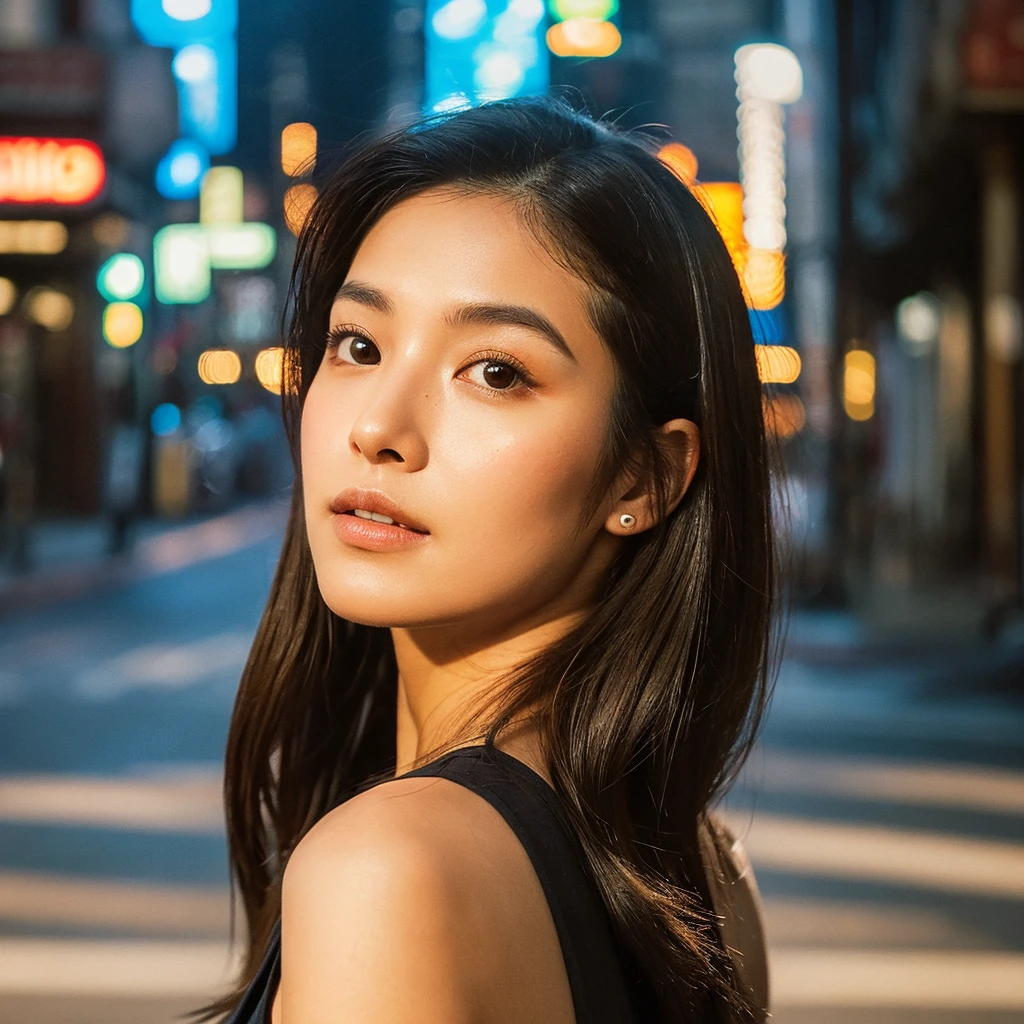 A hyper-realistic image of a single Japanese woman in her early 20s, captured from the shoulders up with the nostalgic warmth and subtle graininess of a film camera. She stands against the backdrop of a bustling city street, where soft, diffused natural light filters through buildings, casting intricate patterns of light and shadow across her face and shoulders. Her skin has a warm beige tone with a textured, realistic appearance, showing visible pores, fine lines, and natural imperfections like slight unevenness and small blemishes, adding to the authenticity of her appearance. Her straight, glossy black hair is slightly tousled, falling naturally around her shoulders, with strands catching the light. Her deep brown eyes reflect the ambient city lights, adding depth and emotion, while areas of her face are gently shadowed, highlighting the natural contours of her cheeks and jawline. The film camera effect introduces a slight grain and a softer focus, blending her figure into the warm, nostalgic urban atmosphere while maintaining the realistic texture of her skin. She is wearing a light, sleeveless summer top, with bare shoulders that subtly catch the natural light, emphasizing the season's warmth and her understated elegance. The interplay of light and shadow on her face and shoulders creates a dynamic, lifelike effect, making the image feel both authentic and captivating.