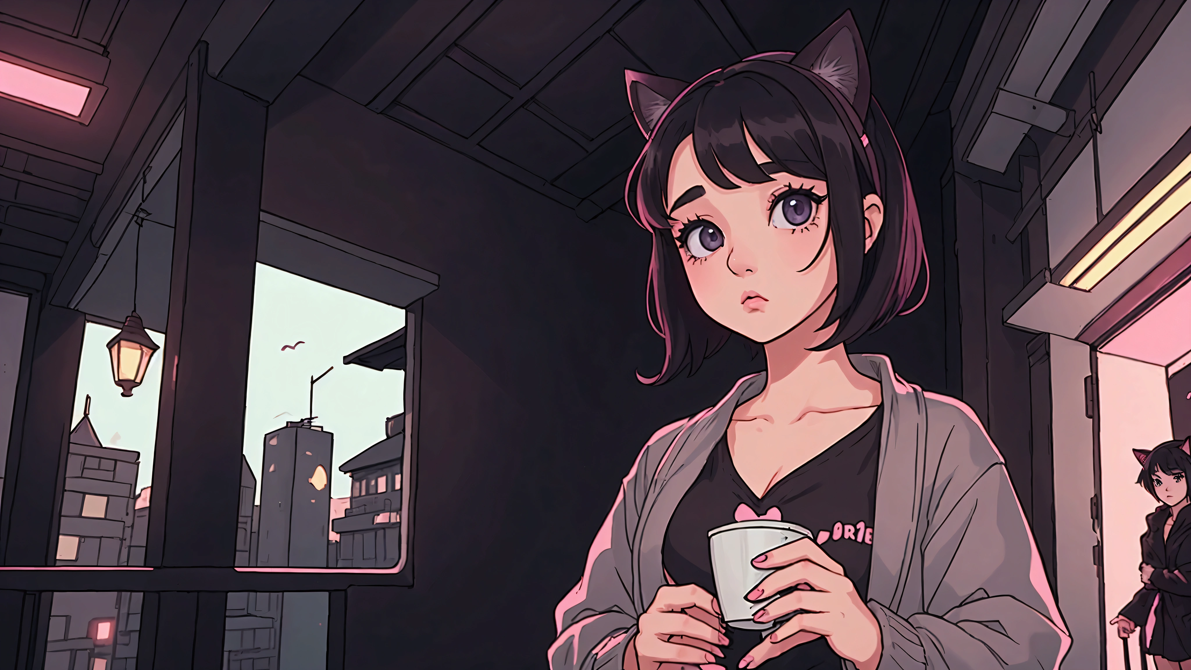 A girl with short black hair and cat ears, wearing dark clothes,with shiny hair with a relaxing atmosphere. night,coffe, She is a little further away, with a view of her from the waist up, listening to music, and the detailed and vibrant colors, reflecting an 80s and 90s anime aesthetic, mixed with a touch of Fujifilm aesthetics. The girl has beautiful eyes, and the entire composition is in 4K, capturing the lofi aesthetic with a soft and tranquil atmosphere.