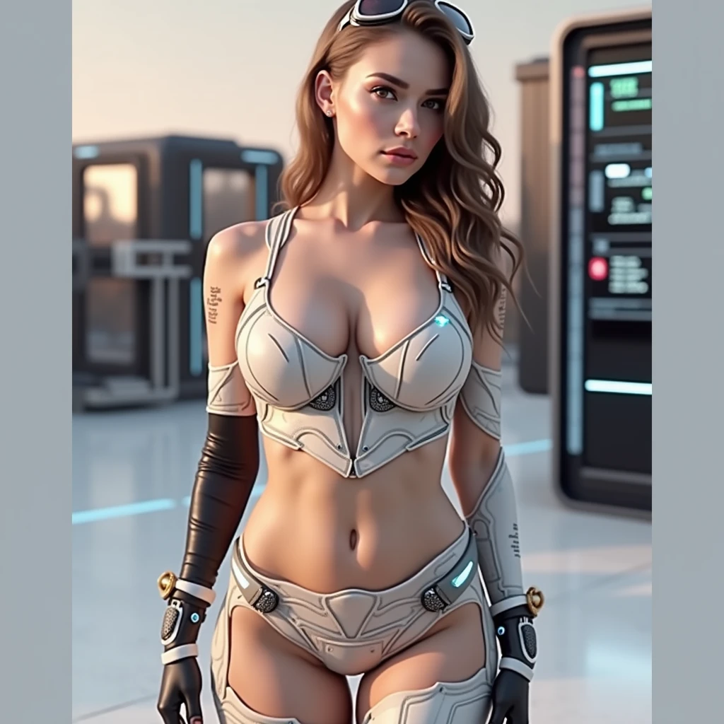 "(((A beautiful woman with beautiful body and large breasts, one blue eye and one red eye, with cybernetic parts and wearing sexy clothes, including needle-heeled boots)))"
- Image Type: Photography
- Subject Description: A stunning-looking woman, combining cybernetic elements and sensuality, in a realistic composition.
- Art Styles: Realism
- Artistic Inspirations: Futuristic fashion photography by Nick Knight, conceptual portraits by Tim Walker
- Camera: DSLR camera
- Framing: Medium plane
- Render-Related Information: High resolution (8K), dramatic lighting highlighting the details of the woman's body, hair and clothing, balance between sensuality and cybernetic aesthetics. --auto
