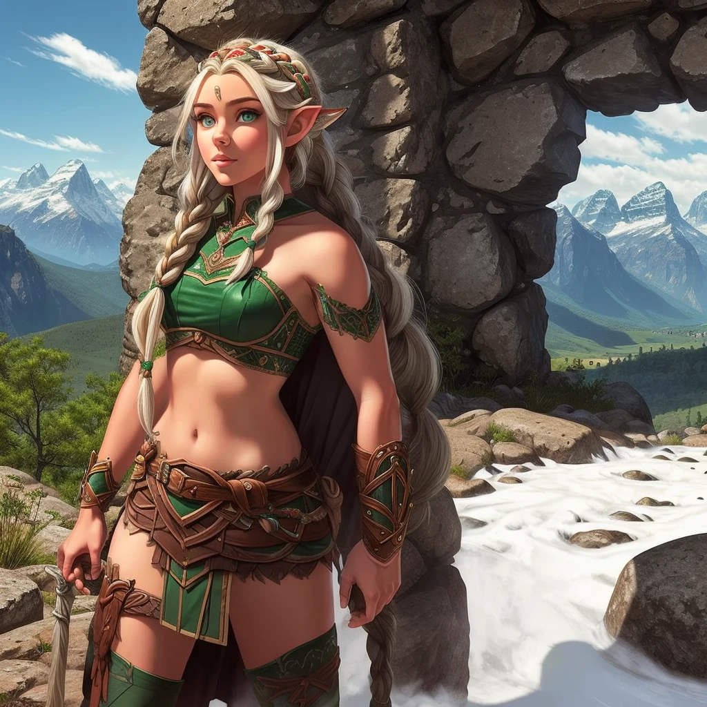 FULL BODY, perfect face, pretty face, elf, 1girl, gritty, mountains, front braid, side braid, white hair, green eyes, brown leather armor, skimpy