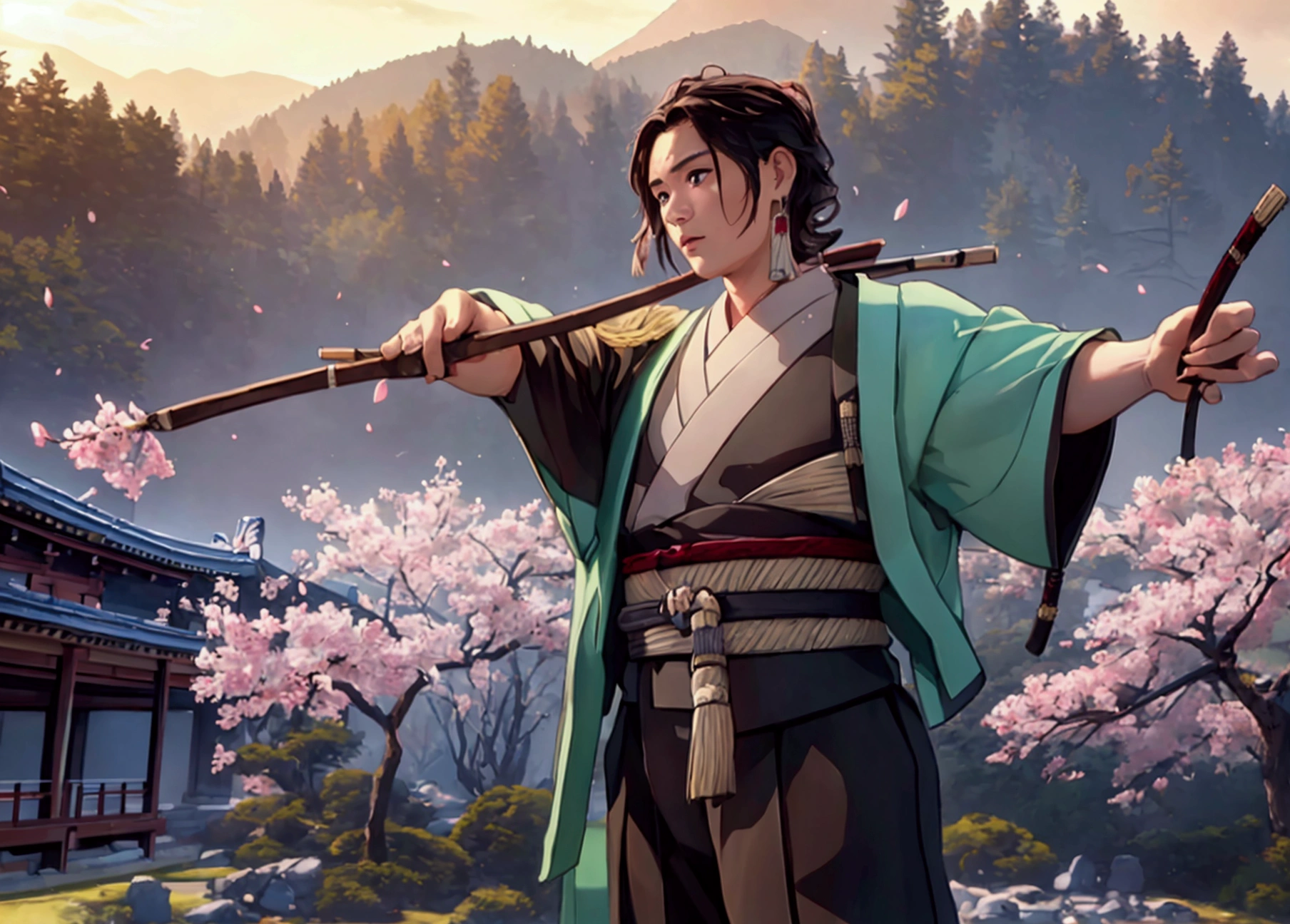 a male archer in the Edo era of Japan, drawing a bow, detailed face and features, muscular body, wearing traditional Japanese clothing, quiver of arrows on his back, surrounded by a Japanese garden with sakura blossoms, mist and mountains in the background, dramatic lighting, cinematic composition, highly detailed, photorealistic, 8k, (best quality,4k,8k,highres,masterpiece:1.2),ultra-detailed,(realistic,photorealistic,photo-realistic:1.37),studio lighting,extremely detailed and intricate,digital art,concept art