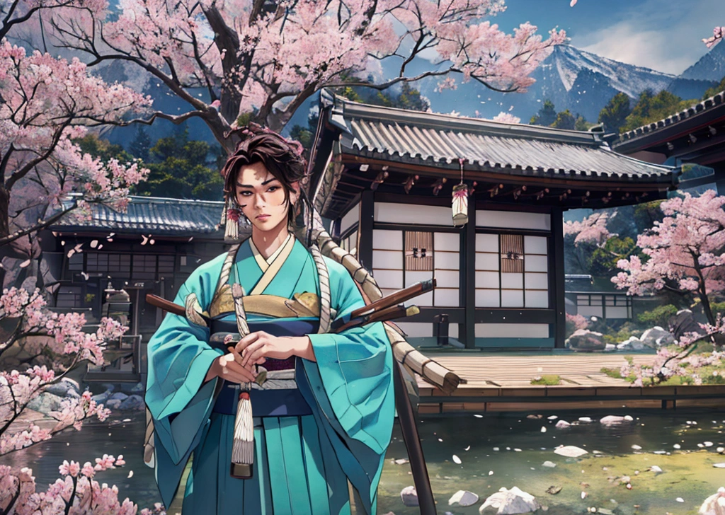 a male archer in the Edo era of Japan, drawing a bow, detailed face and features, muscular body, wearing traditional Japanese clothing, quiver of arrows on his back, surrounded by a Japanese garden with sakura blossoms, mist and mountains in the background, dramatic lighting, cinematic composition, highly detailed, photorealistic, 8k, (best quality,4k,8k,highres,masterpiece:1.2),ultra-detailed,(realistic,photorealistic,photo-realistic:1.37),studio lighting,extremely detailed and intricate,digital art,concept art