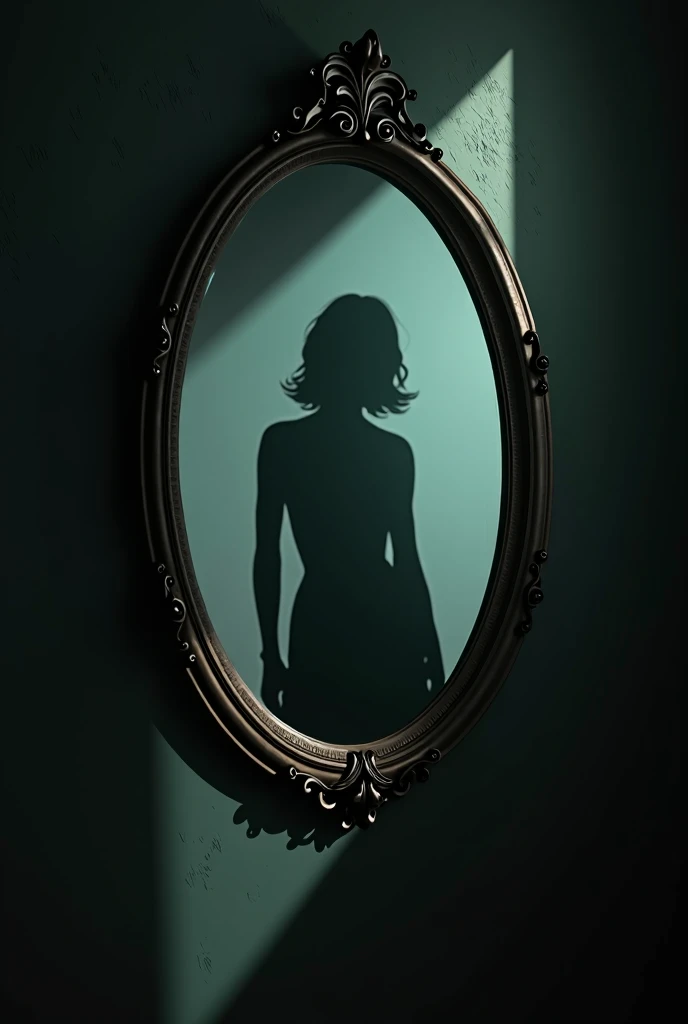 Draw a shirtless boy with woman's breasts in front of a mirror