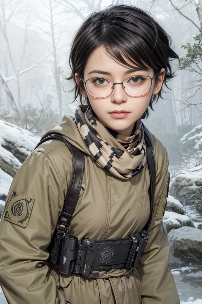 masterpiece, best quality, (realistic,photo-realistic:1.4), (RAW photo:1.2), extremely detailed CG unity 8k wallpaper, delicate and beautiful, amazing,finely detail, official art, absurdres, incredibly absurdres, huge filesize, ultra-detailed,extremely detailed eyes and face,light on face,sarada,(little smile:1.2),(black hair:1.4),(wearing tactical gear:1.5),(very short hair:1.4),nature,sarada uchiha ,(wearing black framed glasses:1.4),(nature background:1.4),(brown scarf:1.5),(amunition belt:1.4),coat