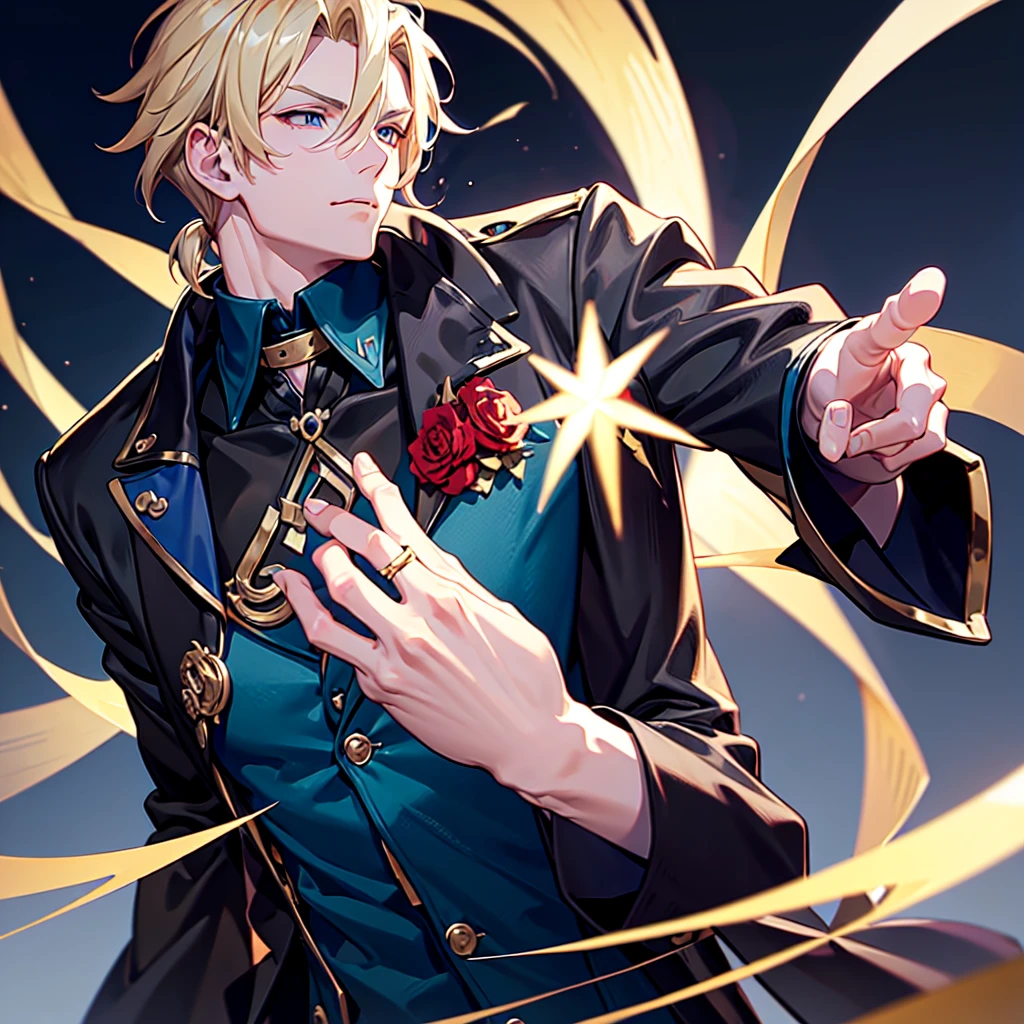 Anime attractive man, 20 year old, blonde hair, very very short ponytail, tall, muscular, solo, one person, dark blue high-collared dress shirt with rolled up sleeves, black choker, dark blazer with gold lining and buttons unbuttoned with rolled up sleeves, long dark overcoat with a fur trim, rolled up sleeves, rolled up sleeves, rolled up sleeves, rolled up sleeves muscular, masculine face black fedora