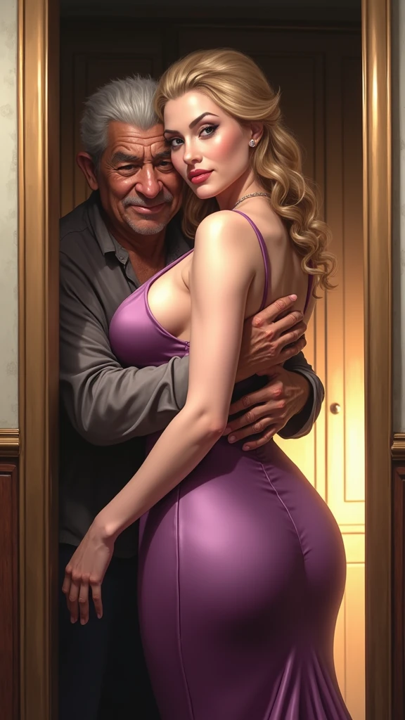 extremely Realistic, graphic, masterpiece, (A Japanese man wearing glasses:1.9), A detailed scenario of an restroom, Detailed background of an restroom, standing sexy tall blonde European (Woman 1), (the woman is standing facing camera:1.9), (the woman wears formal long dress:1.9), (The woman has huge tits and Big Ass and big thighs), (((cleavage))), (long legs), (pantyhose), (high heels), (((Disgusted expression))), Blushed, (One small middle-aged Japanese man hugs the woman from behind:1.9), (the man wears shabby clothes)