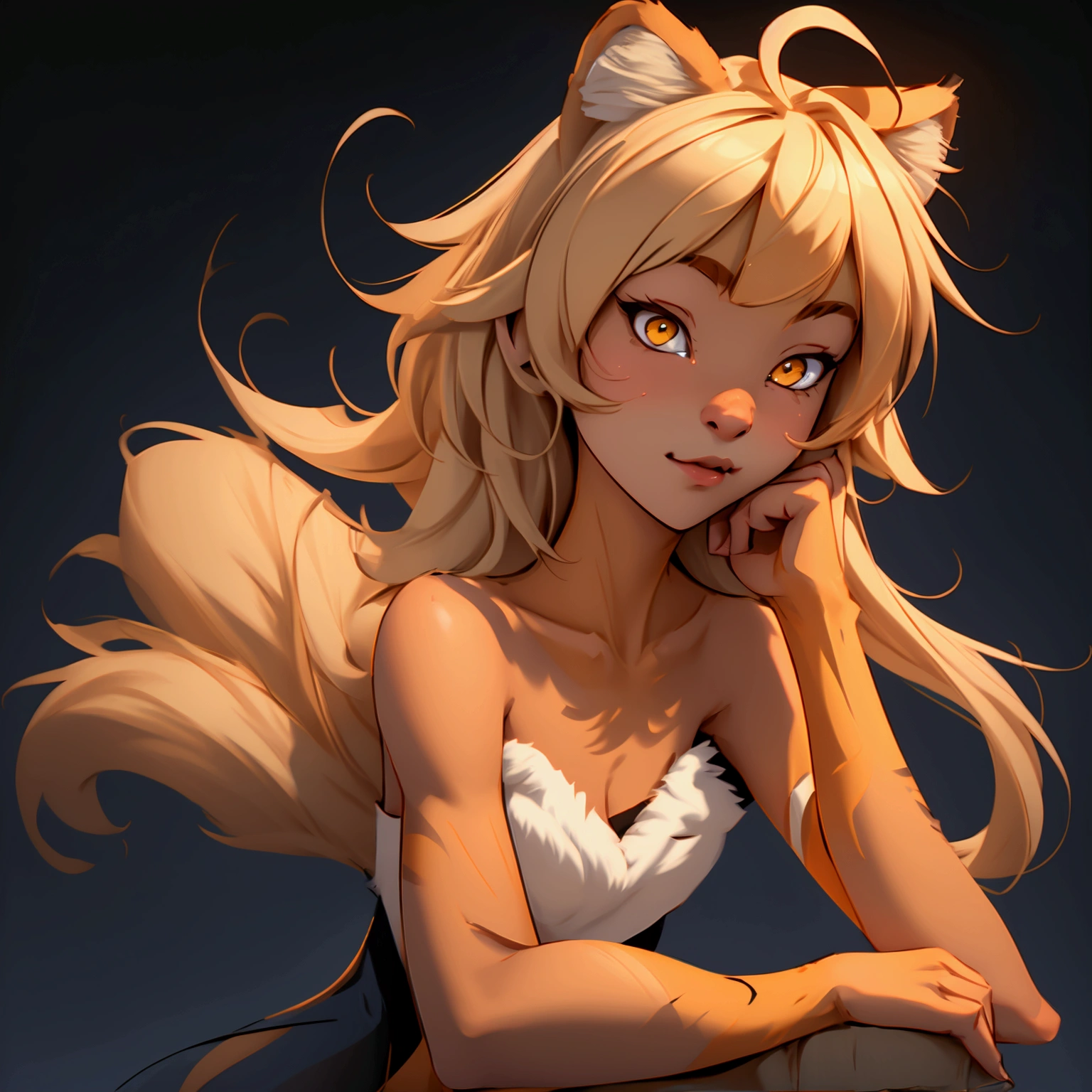 envision a 8k, highres, cinematic, beautiful full body Pinup of a cute furry female anthro, with a furry face slender muscular body, short sleek blonde hair, long bangs, yellow eyes, Orange and White Fur, Tiger Stripes, ((((1 Girl)))), ((Ivy Twokinds)), in dark lighting, against a dark gray background