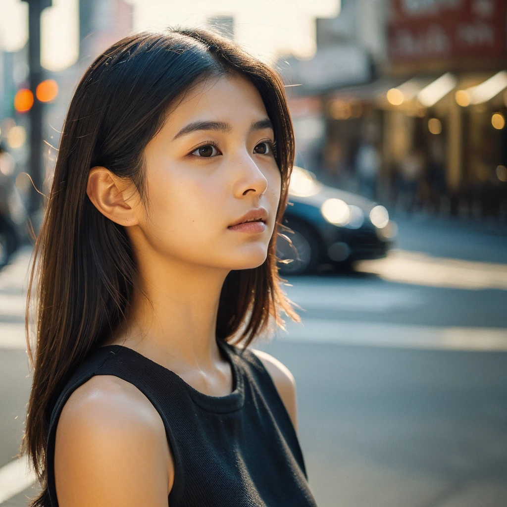 A hyper-realistic image of a single Japanese woman in her early 20s, captured from the shoulders up with the nostalgic warmth and subtle graininess of a film camera. She stands against the backdrop of a bustling city street, where soft, diffused natural light filters through buildings, casting intricate patterns of light and shadow across her face and shoulders. Her skin has a warm beige tone with a textured, realistic appearance, showing visible pores, fine lines, and natural imperfections like slight unevenness and small blemishes, adding to the authenticity of her appearance. Her straight, glossy black hair is slightly tousled, falling naturally around her shoulders, with strands catching the light. Her deep brown eyes reflect the ambient city lights, adding depth and emotion, while areas of her face are gently shadowed, highlighting the natural contours of her cheeks and jawline. The film camera effect introduces a slight grain and a softer focus, blending her figure into the warm, nostalgic urban atmosphere while maintaining the realistic texture of her skin. She is wearing a light, sleeveless summer top, with bare shoulders that subtly catch the natural light, emphasizing the season's warmth and her understated elegance. The interplay of light and shadow on her face and shoulders creates a dynamic, lifelike effect, making the image feel both authentic and captivating.