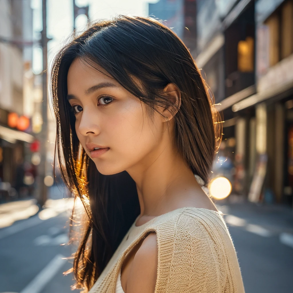 A hyper-realistic image of a single Japanese woman in her early 20s, captured from the shoulders up with the nostalgic warmth and subtle graininess of a film camera. She stands against the backdrop of a bustling city street, where soft, diffused natural light filters through buildings, casting intricate patterns of light and shadow across her face and shoulders. Her skin has a warm beige tone with a textured, realistic appearance, showing visible pores, fine lines, and natural imperfections like slight unevenness and small blemishes, adding to the authenticity of her appearance. Her straight, glossy black hair is slightly tousled, falling naturally around her shoulders, with strands catching the light. Her deep brown eyes reflect the ambient city lights, adding depth and emotion, while areas of her face are gently shadowed, highlighting the natural contours of her cheeks and jawline. The film camera effect introduces a slight grain and a softer focus, blending her figure into the warm, nostalgic urban atmosphere while maintaining the realistic texture of her skin. She is wearing a light, sleeveless summer top, with bare shoulders that subtly catch the natural light, emphasizing the season's warmth and her understated elegance. The interplay of light and shadow on her face and shoulders creates a dynamic, lifelike effect, making the image feel both authentic and captivating.