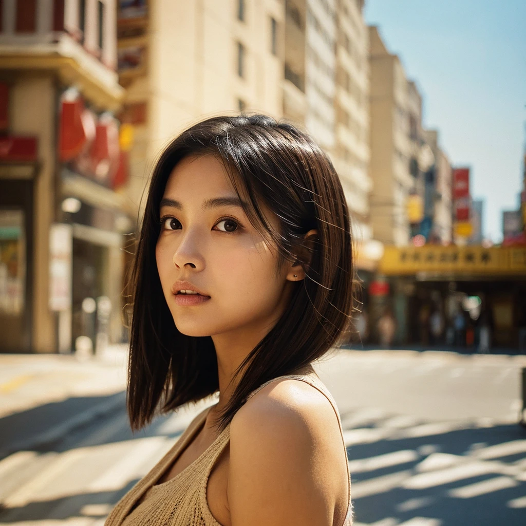 A hyper-realistic image of a single Japanese woman in her early 20s, captured from the shoulders up with the nostalgic warmth and subtle graininess of a film camera. She stands against the backdrop of a bustling city street, where soft, diffused natural light filters through buildings, casting intricate patterns of light and shadow across her face and shoulders. Her skin has a warm beige tone with a textured, realistic appearance, showing visible pores, fine lines, and natural imperfections like slight unevenness and small blemishes, adding to the authenticity of her appearance. Her straight, glossy black hair is slightly tousled, falling naturally around her shoulders, with strands catching the light. Her deep brown eyes reflect the ambient city lights, adding depth and emotion, while areas of her face are gently shadowed, highlighting the natural contours of her cheeks and jawline. The film camera effect introduces a slight grain and a softer focus, blending her figure into the warm, nostalgic urban atmosphere while maintaining the realistic texture of her skin. She is wearing a light, sleeveless summer top, with bare shoulders that subtly catch the natural light, emphasizing the season's warmth and her understated elegance. The interplay of light and shadow on her face and shoulders creates a dynamic, lifelike effect, making the image feel both authentic and captivating.