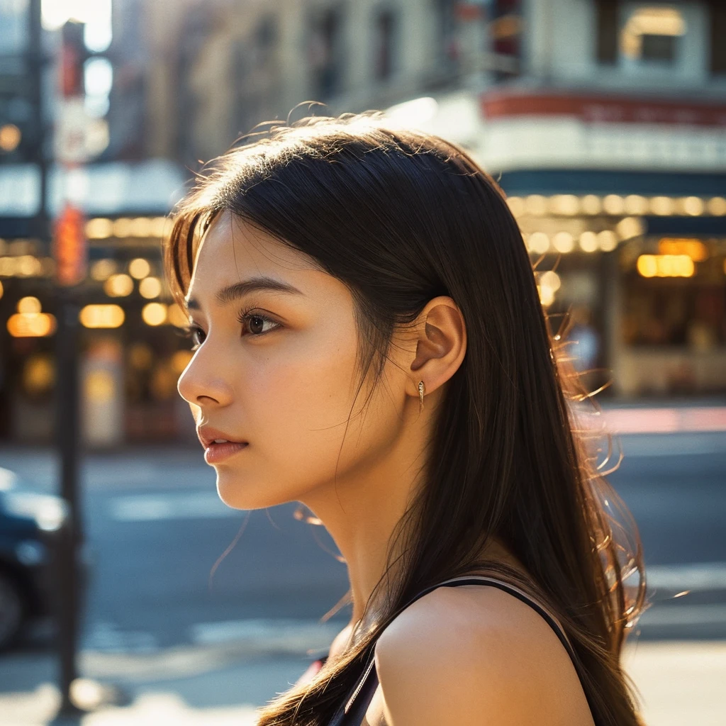 A hyper-realistic image of a single Japanese woman in her early 20s, captured from the shoulders up with the nostalgic warmth and subtle graininess of a film camera. She stands against the backdrop of a bustling city street, where soft, diffused natural light filters through buildings, casting intricate patterns of light and shadow across her face and shoulders. Her skin has a warm beige tone with a textured, realistic appearance, showing visible pores, fine lines, and natural imperfections like slight unevenness and small blemishes, adding to the authenticity of her appearance. Her straight, glossy black hair is slightly tousled, falling naturally around her shoulders, with strands catching the light. Her deep brown eyes reflect the ambient city lights, adding depth and emotion, while areas of her face are gently shadowed, highlighting the natural contours of her cheeks and jawline. The film camera effect introduces a slight grain and a softer focus, blending her figure into the warm, nostalgic urban atmosphere while maintaining the realistic texture of her skin. She is wearing a light, sleeveless summer top, with bare shoulders that subtly catch the natural light, emphasizing the season's warmth and her understated elegance. The interplay of light and shadow on her face and shoulders creates a dynamic, lifelike effect, making the image feel both authentic and captivating.