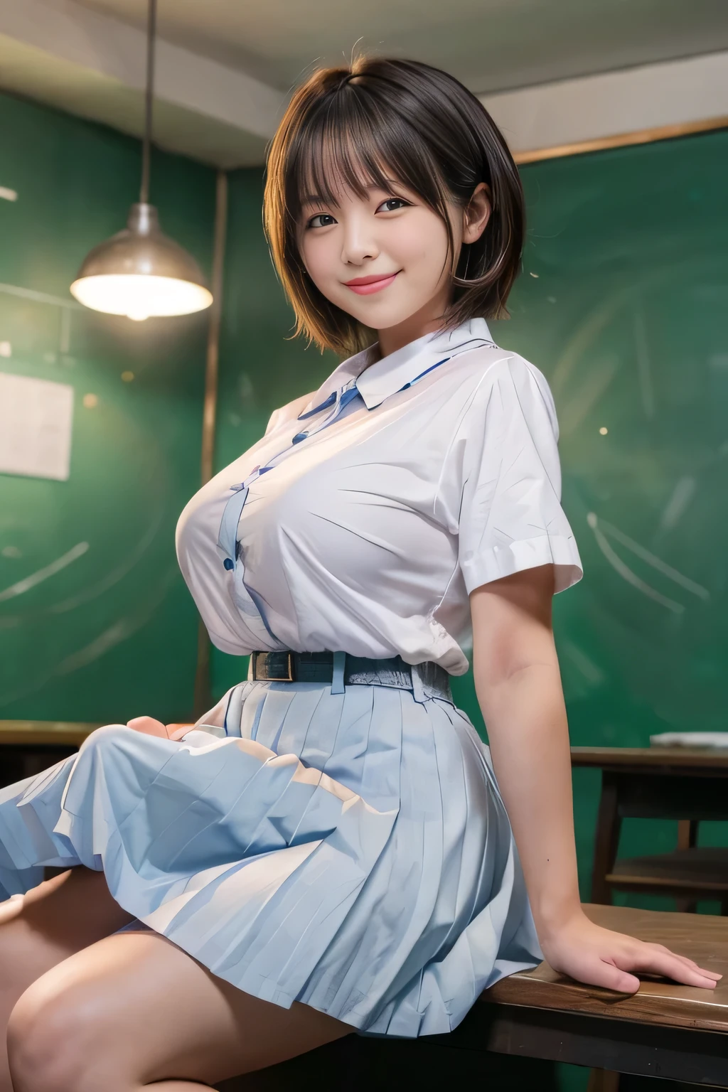 Highest quality, masterpiece, Ultra-high resolution, (reality: 1.4), Original photo, 1 female, mature, Smile, short hair, Plump body, Saggy breasts, Cinema Lighting, From below, Schoolgirl uniform, White short sleeve shirt, Pleated skirt, sunset, Cowboy Shot、High school girl after school, Erection under clothes, Erection under skirt