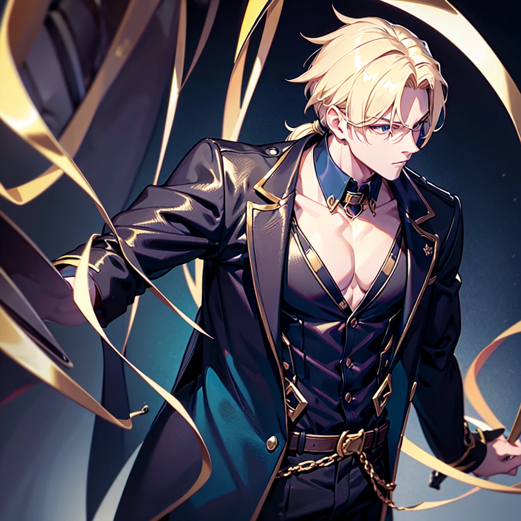 Anime attractive man, 20 year old, blonde hair, very very short ponytail, tall, muscular, solo, one person, dark blue high-collared dress shirt with rolled up sleeves, black choker, dark blazer with gold lining and buttons unbuttoned with rolled up sleeves, long dark overcoat with a fur trim, rolled up sleeves, rolled up sleeves, rolled up sleeves, rolled up sleeves muscular, masculine face black fedora