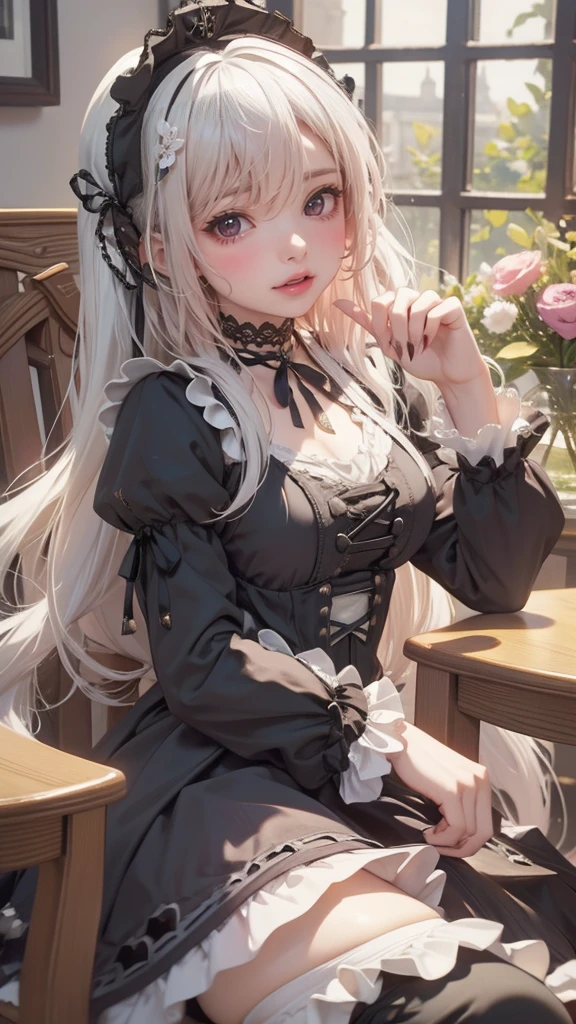 1 Girl, On the table, superlative, high resolution, (Gothic_****ta:1.4), stocking, White hair