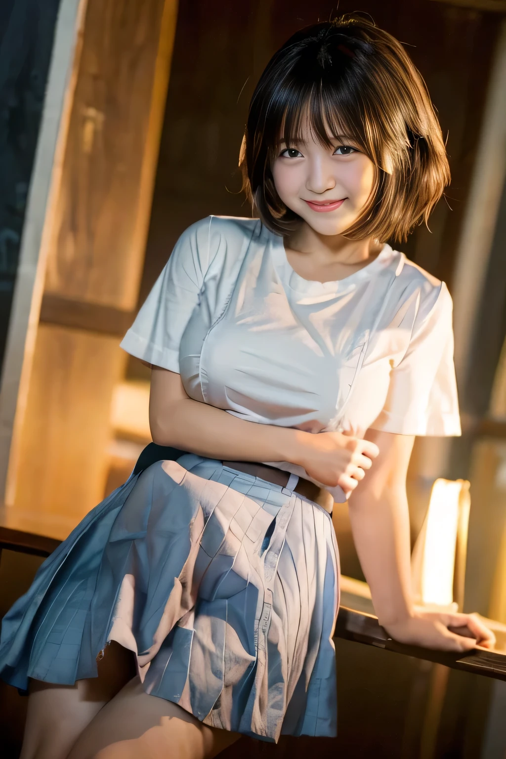 Highest quality, masterpiece, Ultra-high resolution, (reality: 1.4), Original photo, 1 female, mature, Smile, short hair, Plump body, Saggy breasts, Cinema Lighting, From below, Schoolgirl uniform, White short sleeve shirt, Pleated skirt, sunset, Cowboy Shot、High school girl after school, Erection under clothes, Erection under skirt