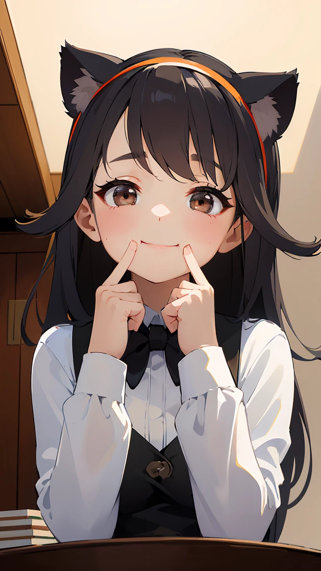 (junkotvv pelo negro con flequillo, orejas de gato, ojos rojos), (obra maestra, mejor calidad:1.2), IncrsSnootChallenge, comic, manos pov, 1 chica, htcerberus, feliz, sonrisa, :d, orejas de perro, chaleco, camisa roja, corbata negra, Liga de brazo, Chaleco negro