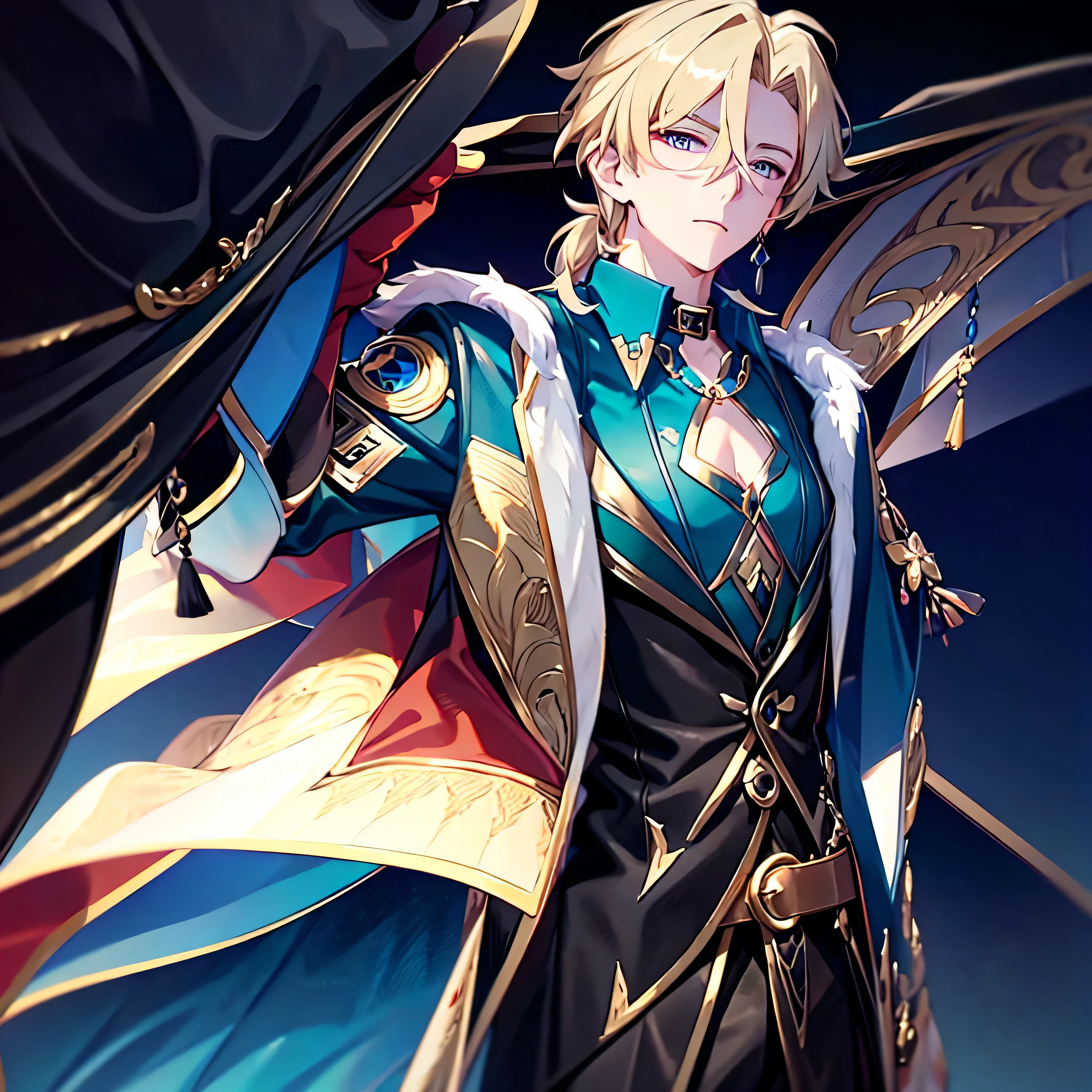 Anime attractive man, 20 year old, blonde hair, very very short ponytail, tall, muscular, solo, one person, dark blue high-collared dress shirt with rolled up sleeves, black choker, dark blazer with gold lining and buttons unbuttoned with rolled up sleeves, long dark overcoat with a fur trim, rolled up sleeves, rolled up sleeves, rolled up sleeves, rolled up sleeves muscular, masculine face. Black fedora.