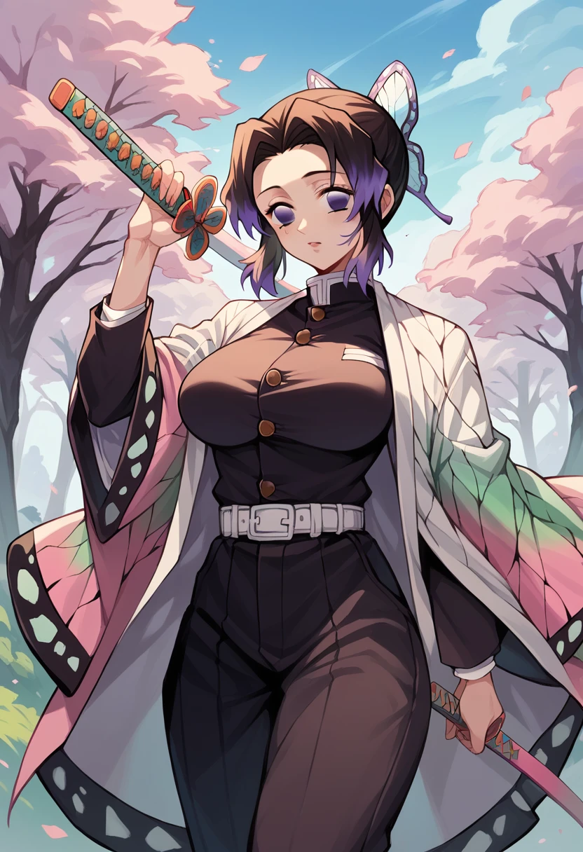 1 girl, Kocho Shinobu, Kimetsu no yaiba, large breasts, outside, katana on her hip