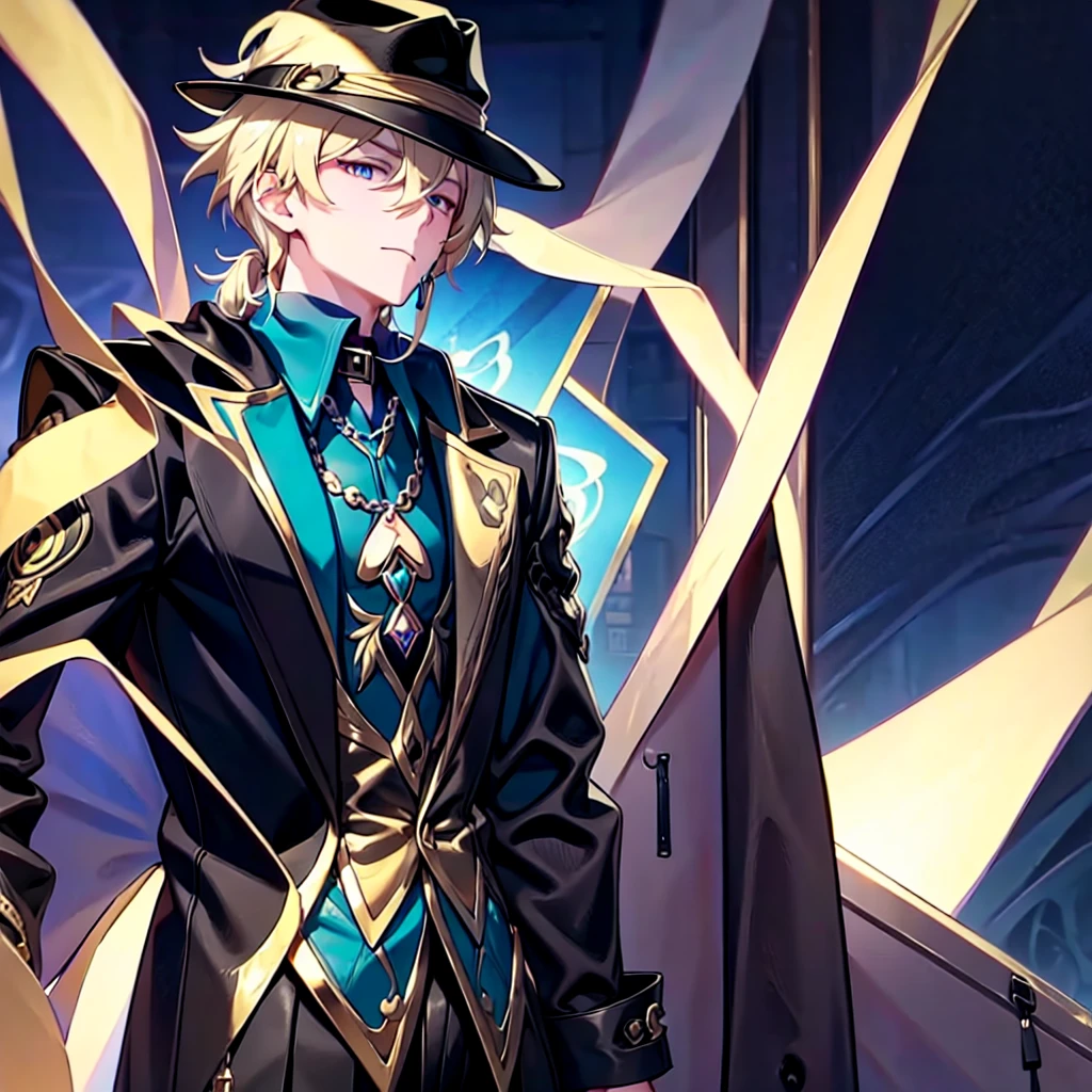 Anime attractive man, 20 year old, blonde hair, very very short ponytail, tall, muscular, solo, one person, dark blue high-collared dress shirt with rolled up sleeves, black choker, dark blazer with gold lining and buttons unbuttoned with rolled up sleeves, long dark overcoat with a fur trim, rolled up sleeves, rolled up sleeves, rolled up sleeves, rolled up sleeves muscular, masculine face black fedora