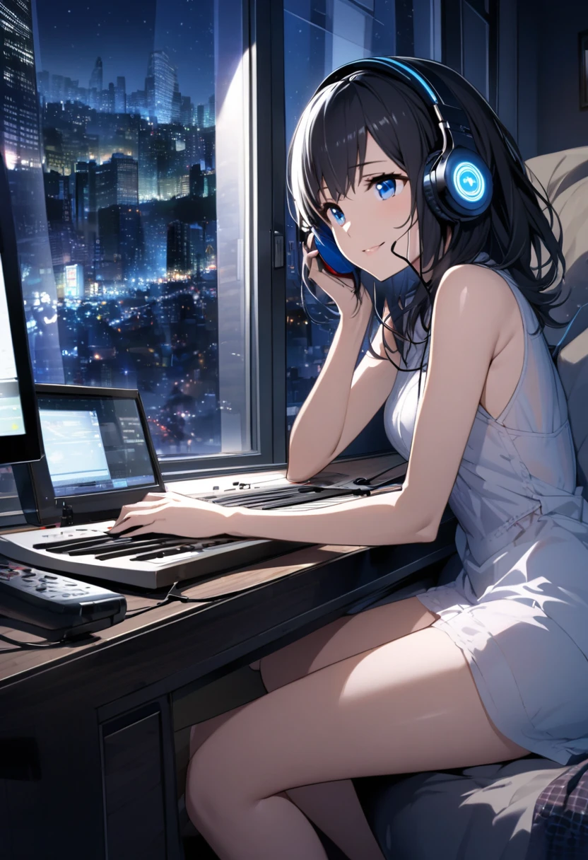 anime girl wearing white headphones, wearing a competitive swimsuit, athlete swimsuit, black hair, 29 years old, gaming PC, gaming chair, Exposed cleavage, big breasts H-cup, accentuate the cleavage, accentuate big, very short skirt, black skirt, revealing skin, lofi girl anime vibes, lofi artstyle, anime style 4k, anime aesthetic, nightcore, lofi feel, lofi art, anime art wallpaper 4k, anime wallpaper 4k, lofi vibes, plants in the room, city view, sunrise, white headphone, she is programming using PC keyboard, She is looking at a monitor, sitting on a gaming chair, Heavenly music that fills the air, one thick candle is lighting, Night city lights illuminate the room, short ponytail, anime style, cinematic lighting, Sony FE GM, first-person view, masterpiece, best quality, 4K
