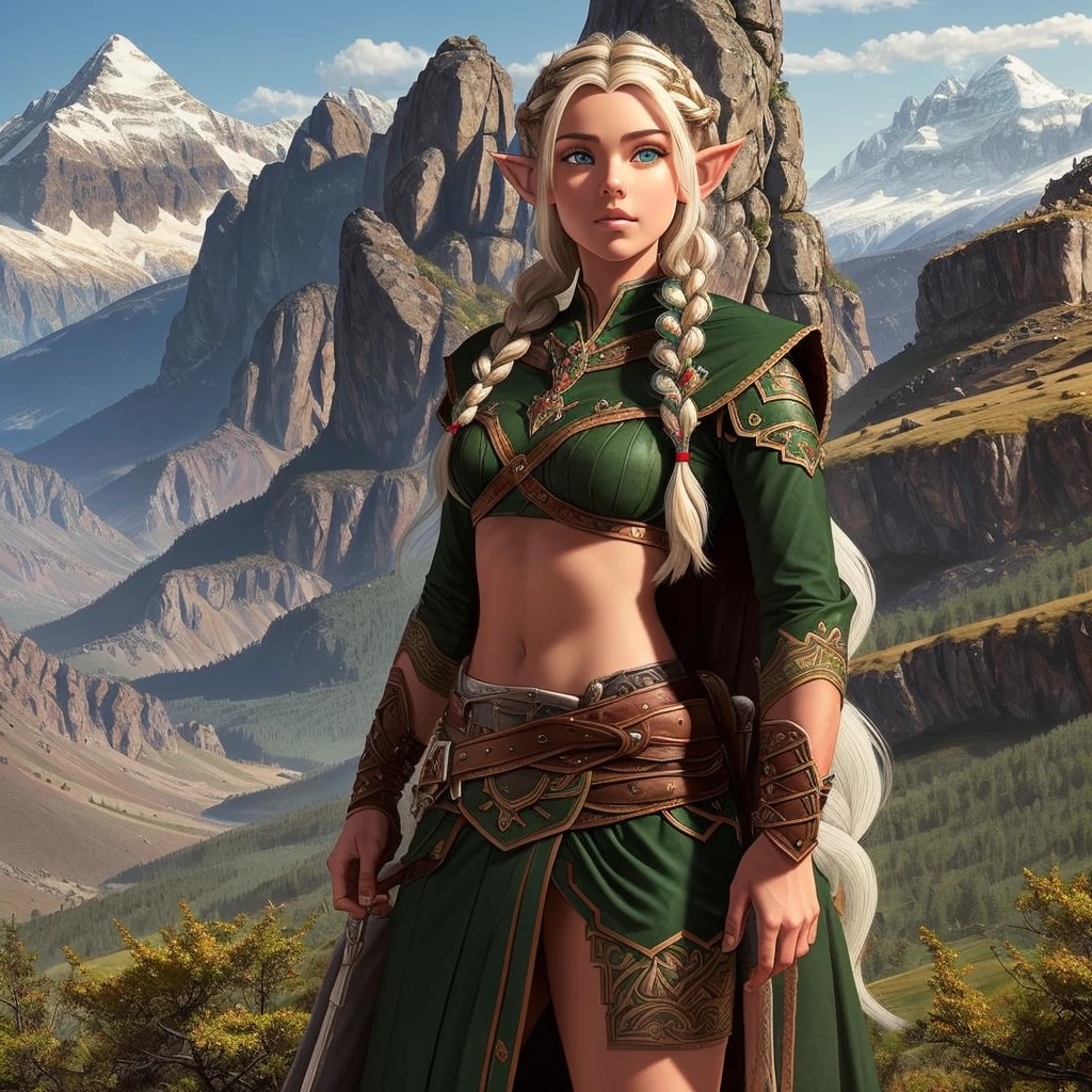 FULL BODY, perfect face, pretty face, elf, 1girl, gritty, mountains, front braid, side braid, white hair, green eyes, brown leather armor, skimpy