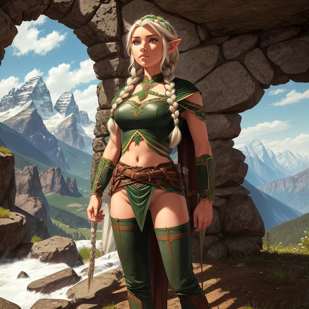 FULL BODY, perfect face, pretty face, elf, 1girl, gritty, mountains, front braid, side braid, white hair, green eyes, brown leather armor, skimpy