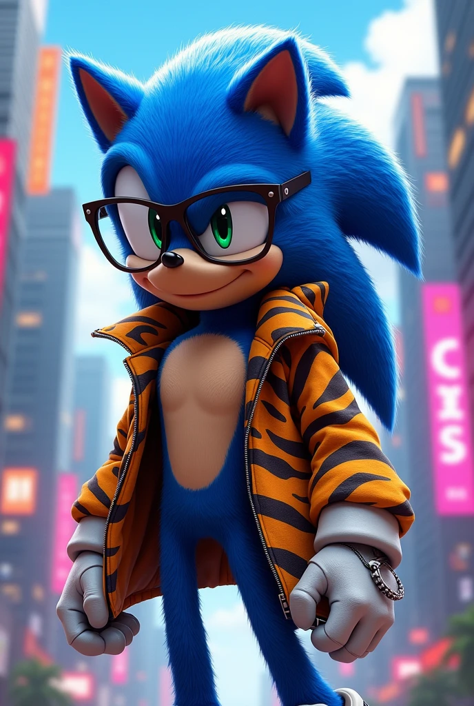 Sonic, sitting on the edge of a railing, view from behind, overlooking cityscape background, no shirt, no pants, red shoes, looking back at us, perfectly round butt, blue and white fur, smirking, blushing