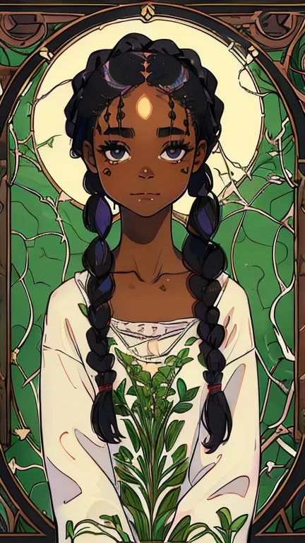 (1girl, african american, solo, highly insanely detailed, masterpiece, top quality, best quality, highres, 4k, 8k, RAW photo),((innocent look)),((Childish)),From the front, symmetrical composition,smile,cute,Innocent,Kind eyes,Flat chest,ArsMJStyle, Art Nouveau Style, forest, vines, (Penny Proud), (black hair, black eyes, mole under eye. twin braids, dark skin),
(v1nedr3ss)