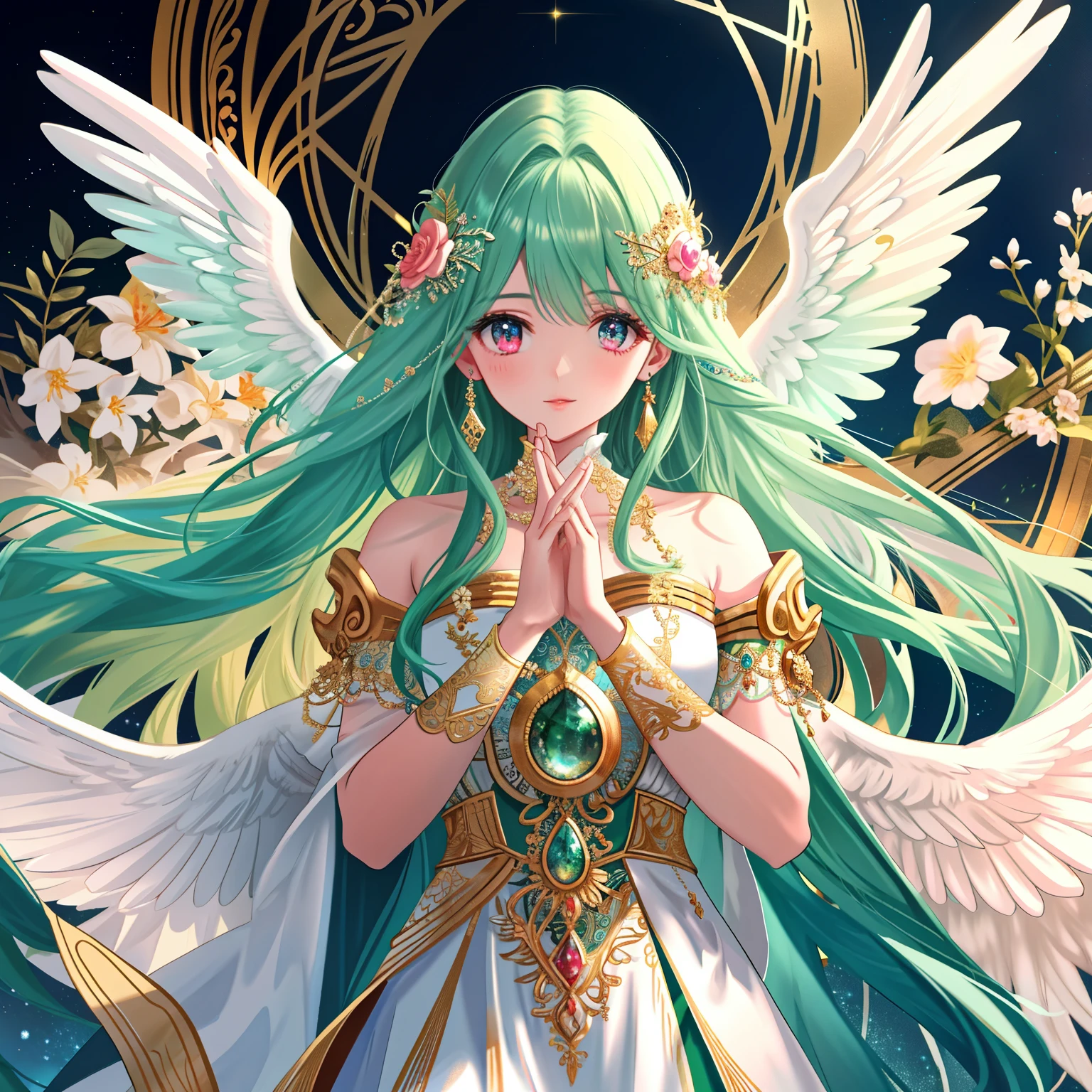 women, eleven, mystical aura, green hair with gradient to white, straight hair, Collect, brown and white dress , Eastern and Western style ruffled dress, bicolor eyes, ethereal poses, Goddess