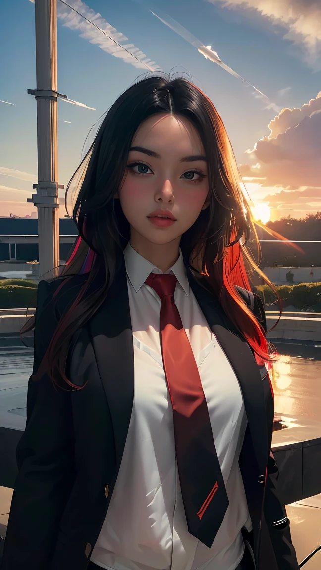 ((Masterpiece, best quality, very detailed), Volumetric light, surrounding occlusion, Rich and colorful, glow), 1 woman, , young girl, (Smooth black), long hair, radius, sacred, goddess, CEO Luke, (black suit, White shirt and red tie:1.3), armor, outdoor, sunset, sky, cloud, space, (Fantasy Theme:1.2),