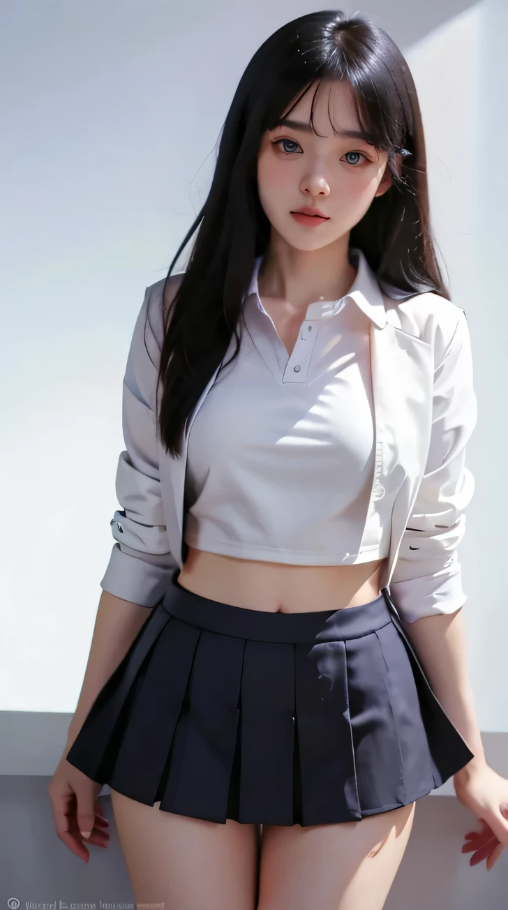 top-quality、masterpiece、1 girl in、A slender、small tits、Summer Uniform、hyperdetailed face、Detailed eye、二重まぶた、Black pleated skirt、knee high socks、full bodyesbian、without background、Beautiful abs、Navel
