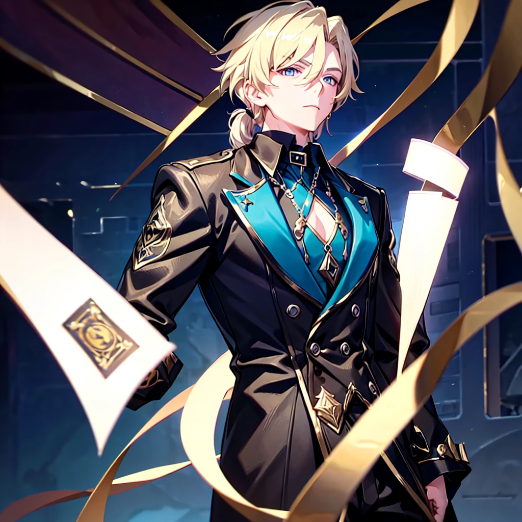 Anime attractive man, 20 year old, blonde hair, very very short ponytail, tall, muscular, solo, one person, dark blue high-collared dress shirt with rolled up sleeves, black choker, dark blazer with gold lining and buttons unbuttoned with rolled up sleeves, long dark overcoat with a fur trim, rolled up sleeves, rolled up sleeves, rolled up sleeves, rolled up sleeves muscular, masculine face. Black fedora.