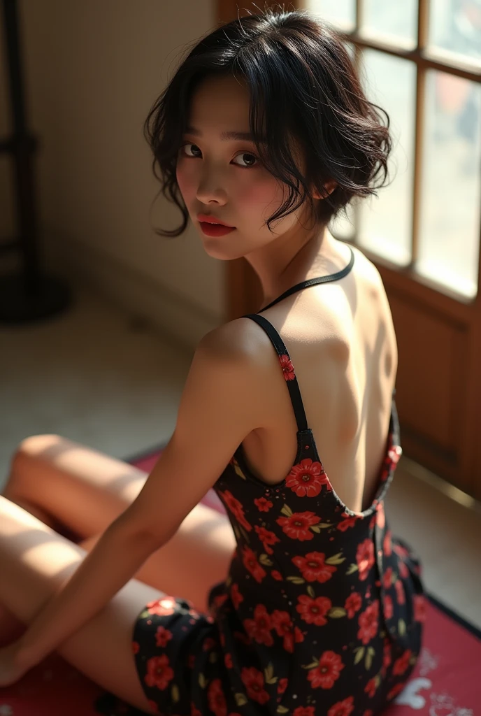 masterpiece, Highest quality), 8k,(((Very detailed))), Race:1.8, Super intricate Race pattern, colorful Race pattern, Light colorful body, Shooting in the studio, 1 female, Swimwear, Fair skin, Open Back, , Japanese, sultry body with belly, Sexyrl, Young sensual elegance, Sexy bo Sexy look,ry Short Hair, Wavy Hair, Intelligent face, Look away, rather thin waist, Large Breasts、Smilele, Open your mouth a little, EOS 50mm F2, Blur the background, Lighting the face, Painting-like pose, belly button, 比基尼,