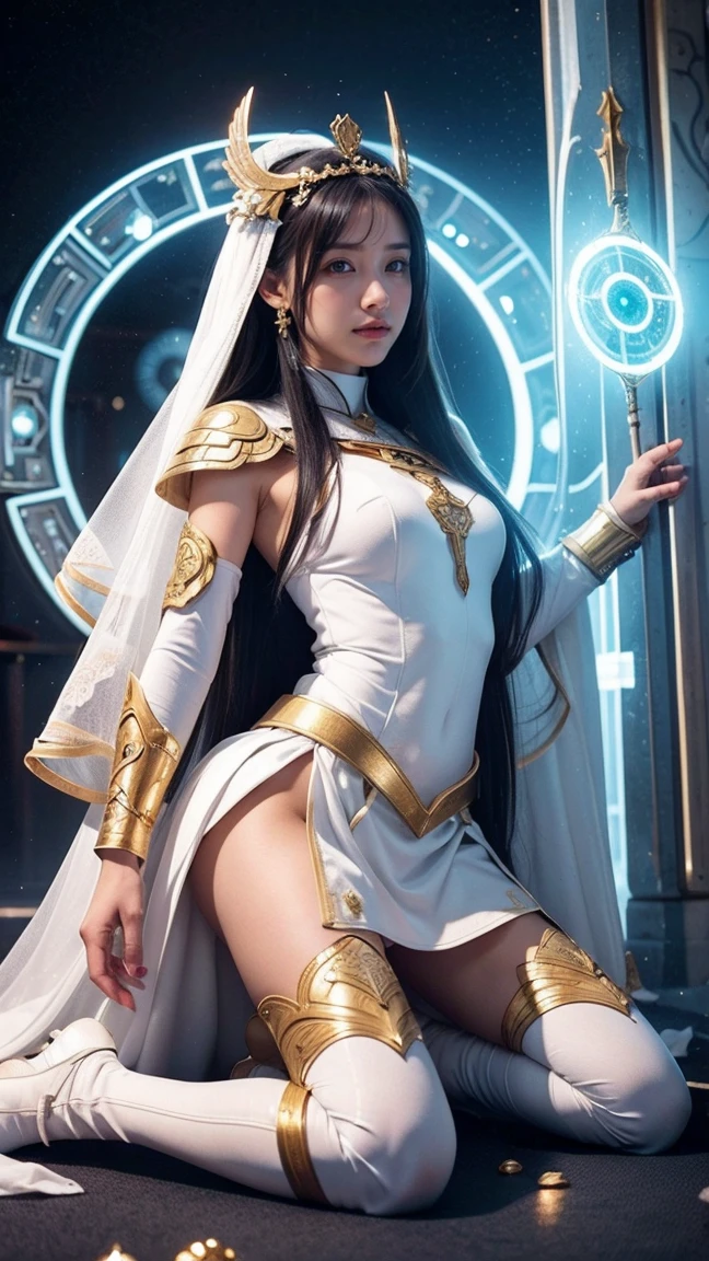 1girl, The Universe, Space Goddess,God's Law, Goddess of Love, Selflessness、Dedication、Sacrifice、prayer、acceptance、White Magic, Mystical veil, Goddess in white armor、White armor with gold edges、White Skirt、White Boots、He is holding a shield.、Circlet、Absorb all laser beams、Emits white energy in all directions、smile