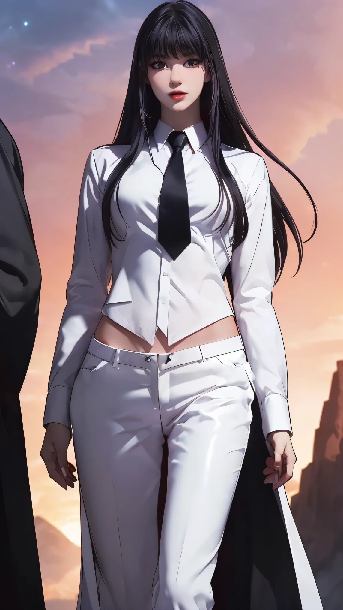 ((Masterpiece, best quality, very detailed), Volumetric light, surrounding occlusion, Rich and colorful, glow), 1 woman, , young girl, (Smooth black), long hair, radius, sacred, goddess, CEO Luke, (black suit, White shirt and red tie:1.3), armor, outdoor, sunset, sky, cloud, space, (Fantasy Theme:1.2),