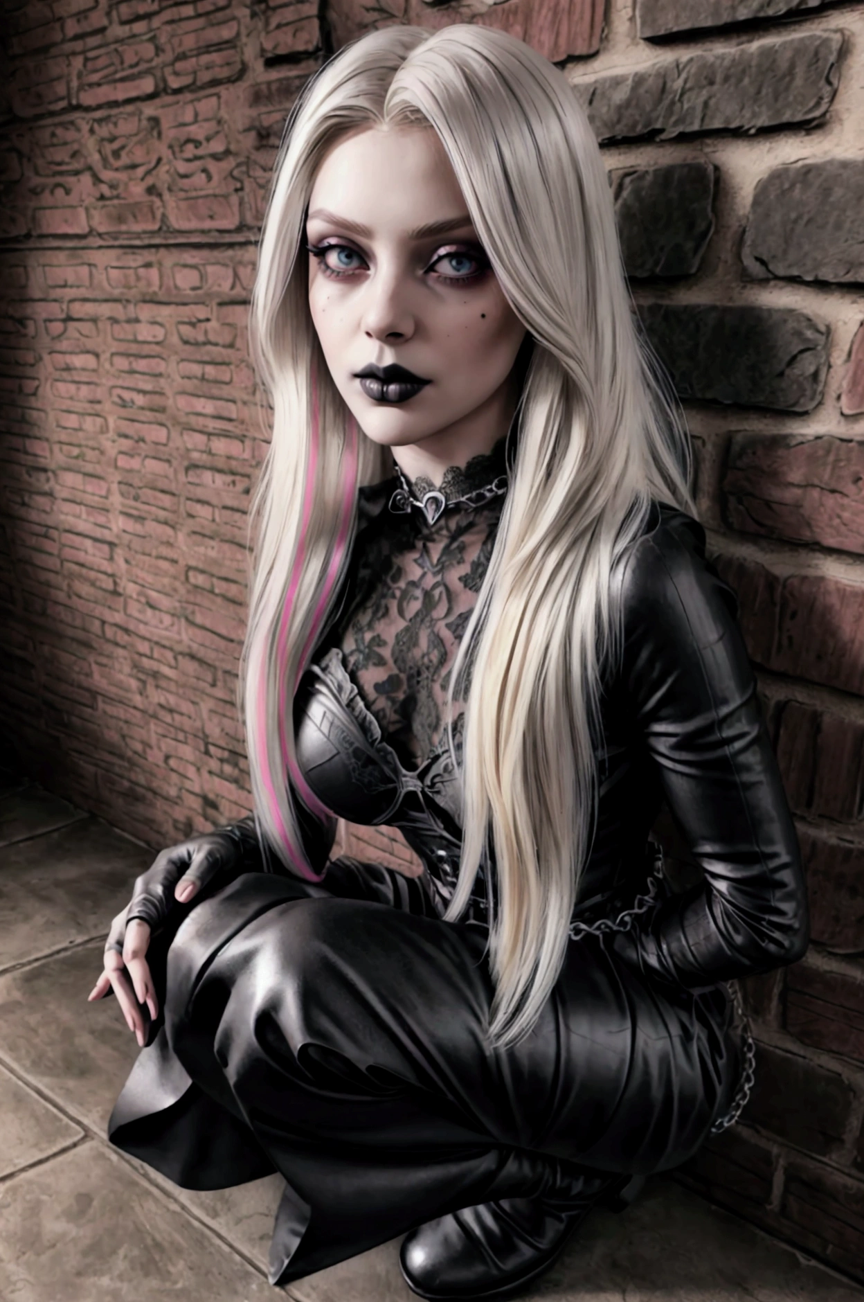 (Detailed illustrations, Very detailed and detailed drawing, Delicate lines with slow and rapid, Realistic texture expression), One woman with ultra long while blonde hair, multicoloured hair, (straight hairstyle, ), goth, pale white skin, evil smirk, (brick wall background), professional lighting, lore_Emma , beautiful eyes , dark eyeliner, (ultra dark glossy black lipstick), gorgeous face , super cute, 2, hyper detailed face, (slim figure , medium breast, thin waist), long legs, slim hips, (medieval style black dress, ((upknee boots)), ((lace gloves)), (vampire style), black choker, ((hip chains)), sitting on hiding squatting behind the wall, full body action pose 