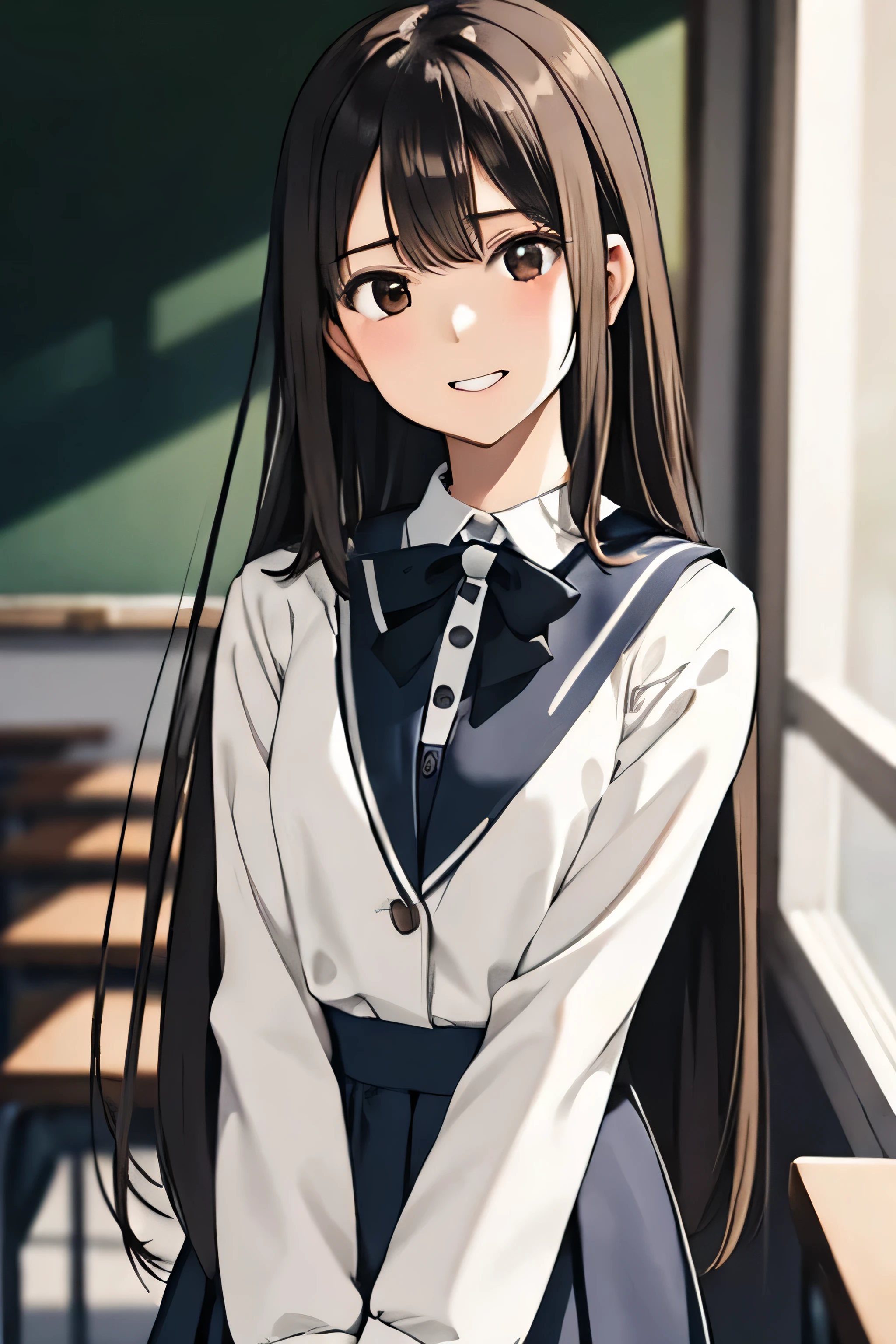 1girl,solo, long straight dark hair, white skin, blush,2000s,masterpiece,ultra-detailed,high resolution,perfect body,detailed long hair,detailed brown eyes, anime, (illustration:1.0), beautiful fingers, beautiful hands, seductive smile, moon face, cinematic lighting, small breasts, long skirt, arms behind back, standing , Draw an elegant and refined high school girl waiting in front of the classroom blackboard after school. She is composed and graceful, embodying a sense of purity and grace. Her demeanor is calm and she is patiently waiting to confess her feelings. Her attire is neat and modest, reflecting her gentle and reserved nature.