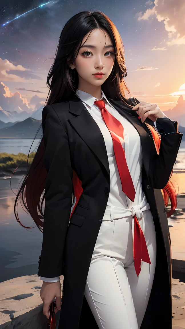 ((Masterpiece, best quality, very detailed), Volumetric light, surrounding occlusion, Rich and colorful, glow), 1 woman, , young girl, (Smooth black), long hair, radius, sacred, goddess, CEO Luke, (black suit, White shirt and red tie:1.3), armor, outdoor, sunset, sky, cloud, space, (Fantasy Theme:1.2), (full body:0.8)