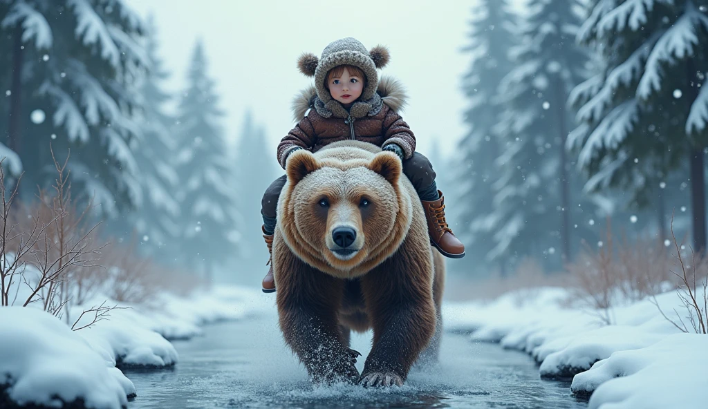 A big brown bear is sitting and bathing in a deep river in the summer wilds, a cute  boy wearing red t shirt and jeans  perched on his head, very beautiful sparkling water surface, crystal clear water, gravel on the river bottom, beautiful alpine mountains in the distance, realistic photo