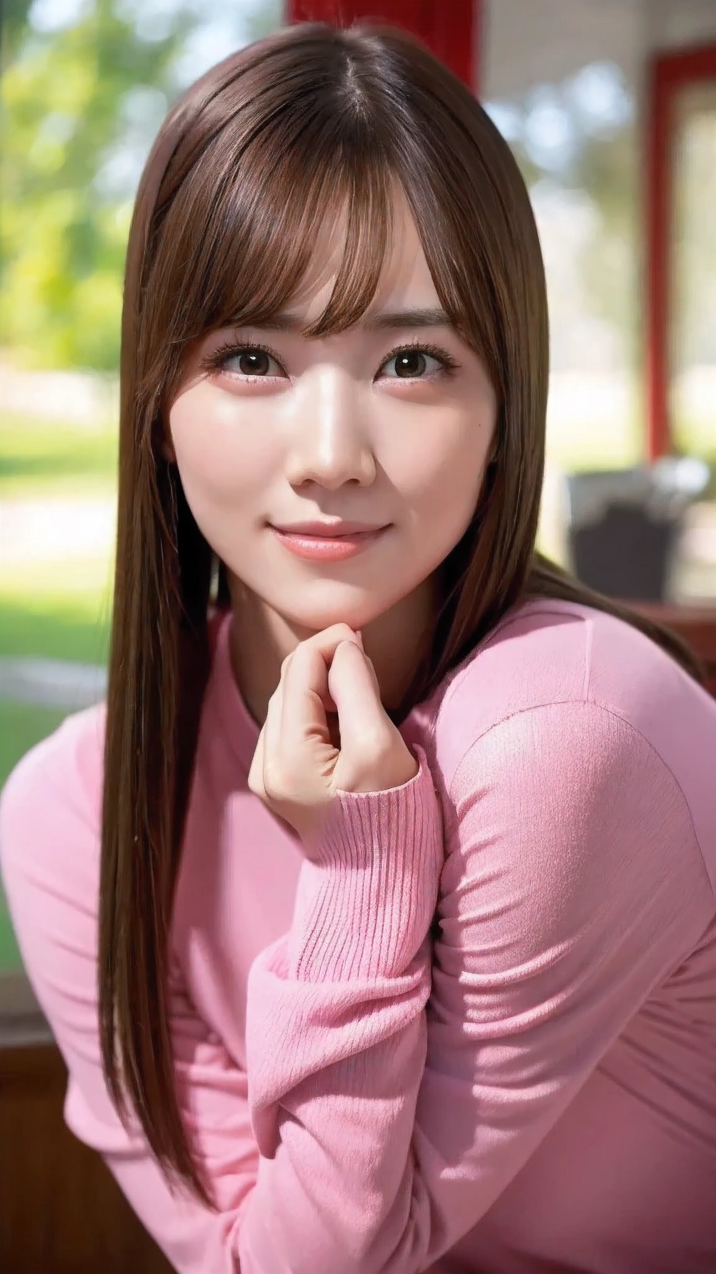 (8k, RAW Photos, Realistic:1.25) ,( Lip gloss, eyelash, Shiny surface, Glowing Skin, Highest quality, Ultra-high resolution, Depth of written boundary, chromatic aberration, Caustics, Wide lighting, Natural Shading,K-Pop Idols) She gazes upon the viewer with a calm, goddess-like happiness.