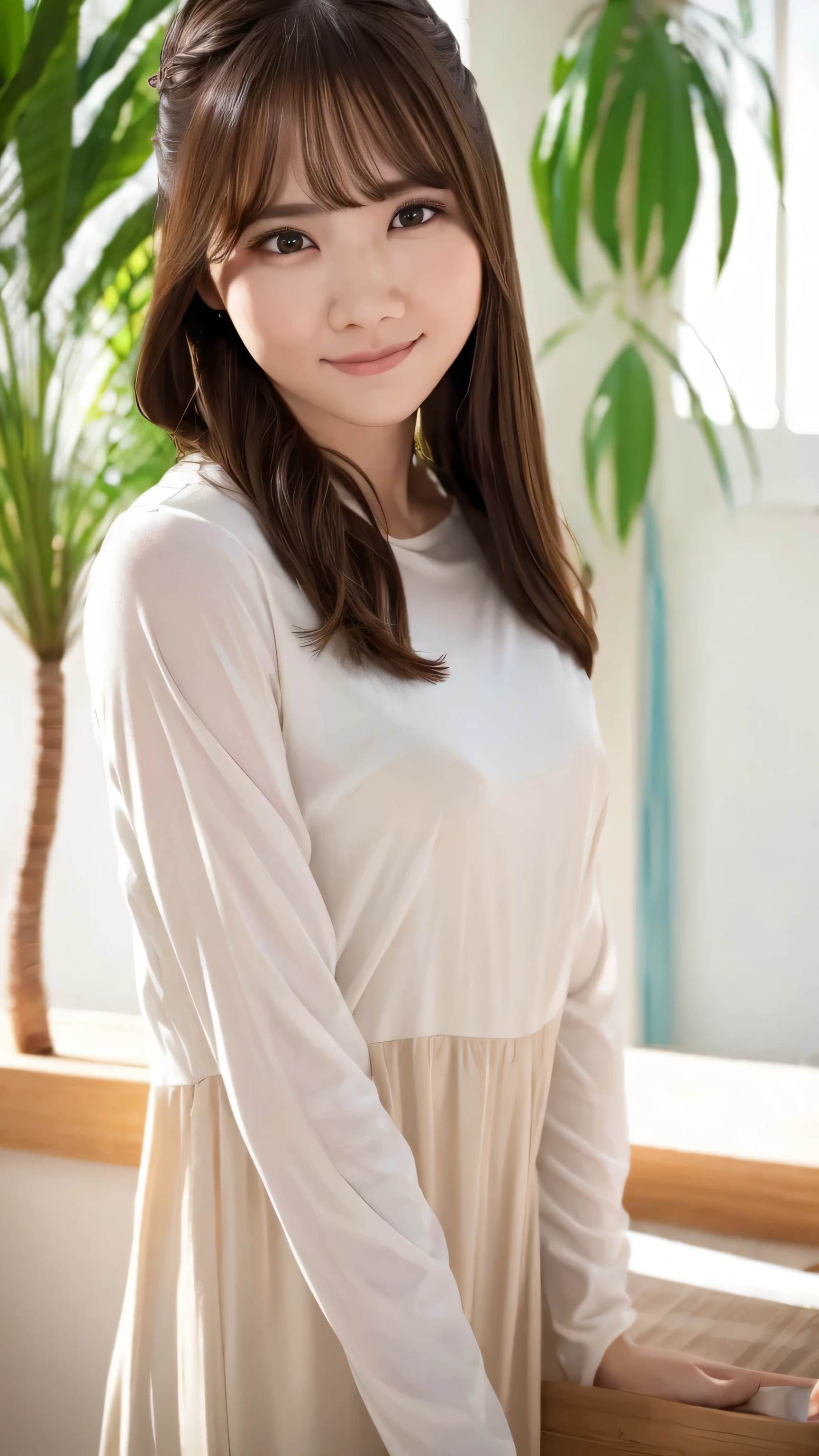 (8k, RAW Photos, Realistic:1.25) ,( Lip gloss, eyelash, Shiny surface, Glowing Skin, Highest quality, Ultra-high resolution, Depth of written boundary, chromatic aberration, Caustics, Wide lighting, Natural Shading,K-Pop Idols) She gazes upon the viewer with a calm, goddess-like happiness.