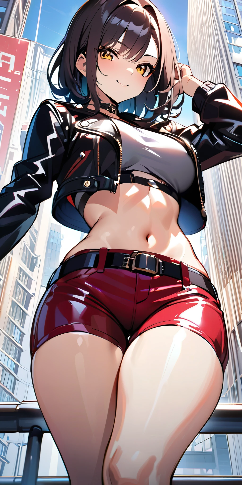 ((Highest quality、masterpiece、Anime Style、Highest quality、High resolution、8k、detailed、ultra-detailed:1.3))、Long legs、Sharp focus:1.2, Beautiful woman with perfect figure:1.4、(smile:1.2), double eyelid、30-year-old woman、Sexy pose、((((Shut your mouth、One Woman、Cropped Leather Jacket:1.5)))),The background is downtown Osaka