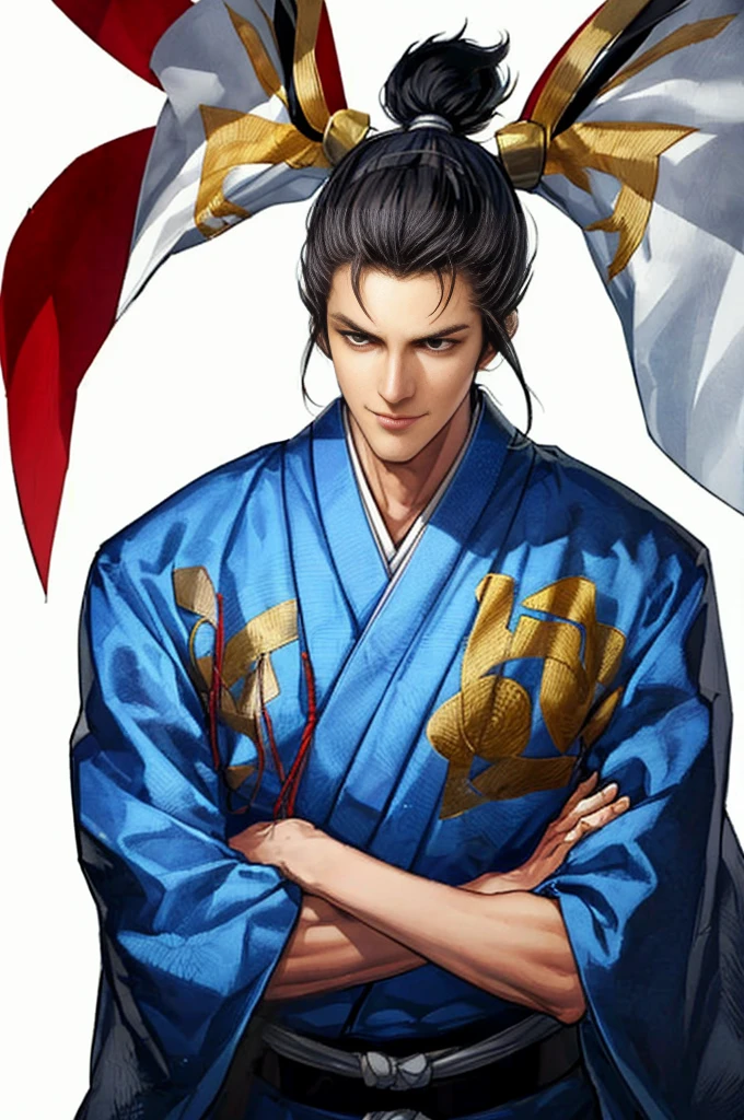 masterpiece, Highest quality, 1 male, Adult, Age 25,(wiry,double eyelid, Sidelong glance,A nice guy and a handsome man:1.1), Evil scheme,A relaxed smile:1.1,samurai:1.3, (Cowboy Shot), (High-quality kimono:1.1, Kimono with detailed embroidery:1.3, Silver embroidery), (Long black hair, Topknot:1.1, (White background:1.3), (masterpiece, best quality, detailed beautiful face and eyes), Japan, (Looking Down from Above:1.2, looking away), (dynamic:1.1, arms crossed)